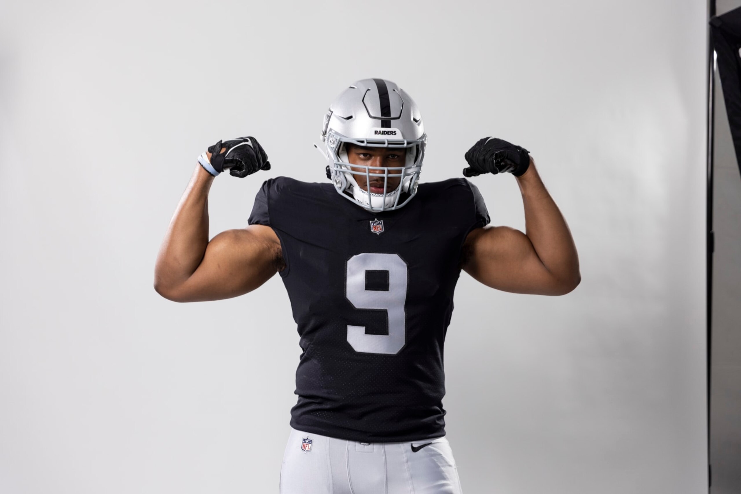 LOS ANGELES, CALIFORNIA - MAY 20: Tyree Wilson #9 of the Las Vegas Raiders poses for a portrait during the NFLPA Rookie Premiere on May 20, 2023 in Los Angeles, California. (Photo by Michael Owens/Getty Images)