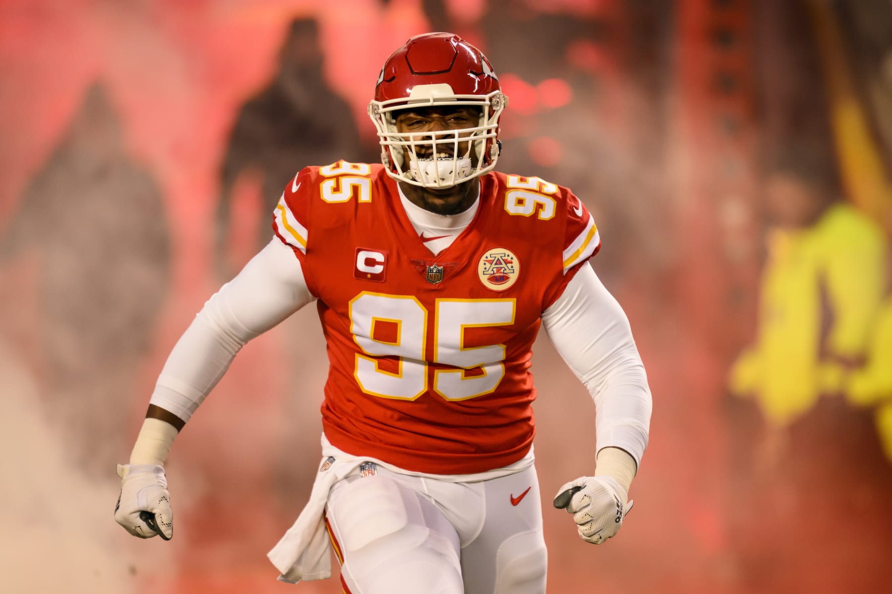 Kansas City Chiefs defensive tackle Chris Jones comes onto the field during introductions before playing the Cincinnati Bengals in the NFL AFC Championship playoff football game, Sunday, Jan. 29, 2023 in Kansas City, Mo. (AP Photo/Reed Hoffmann)