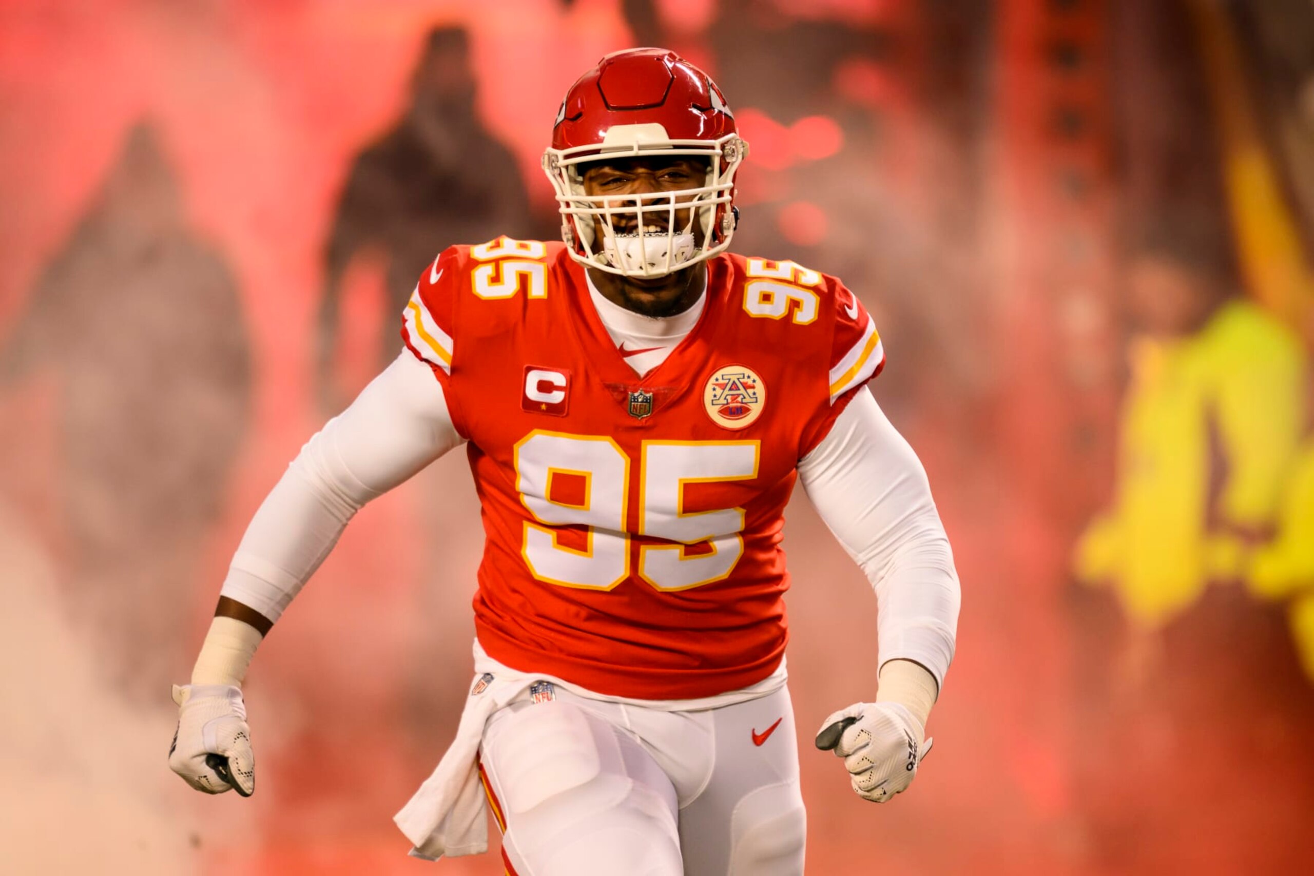 Kansas City Chiefs defensive tackle Chris Jones comes onto the field during introductions before playing the Cincinnati Bengals in the NFL AFC Championship playoff football game, Sunday, Jan. 29, 2023 in Kansas City, Mo. (AP Photo/Reed Hoffmann)