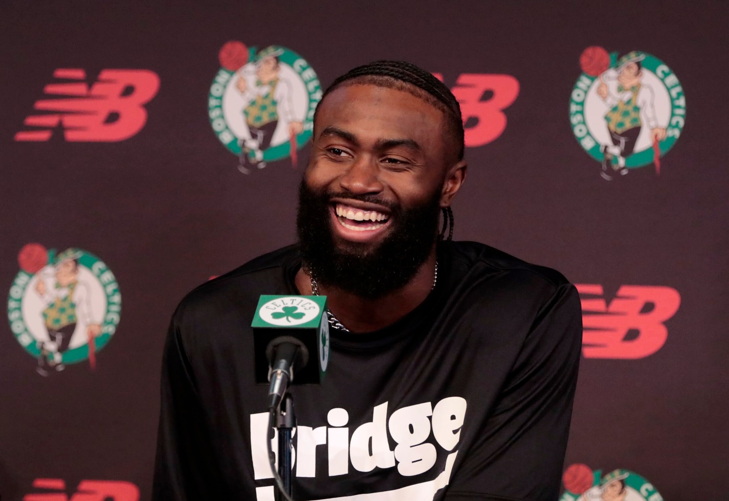 Cambridge, MA - July 26: Boston Celtics SG Jaylen Brown answers questions from the media after signing his supermax contract extension. (Photo by Pat Greenhouse/The Boston Globe via Getty Images) Cambridge, MA - July 26: Boston Celtics SG Jaylen Brown answers questions from the media after signing his supermax contract extension. (Photo by Pat Greenhouse/The Boston Globe via Getty Images)