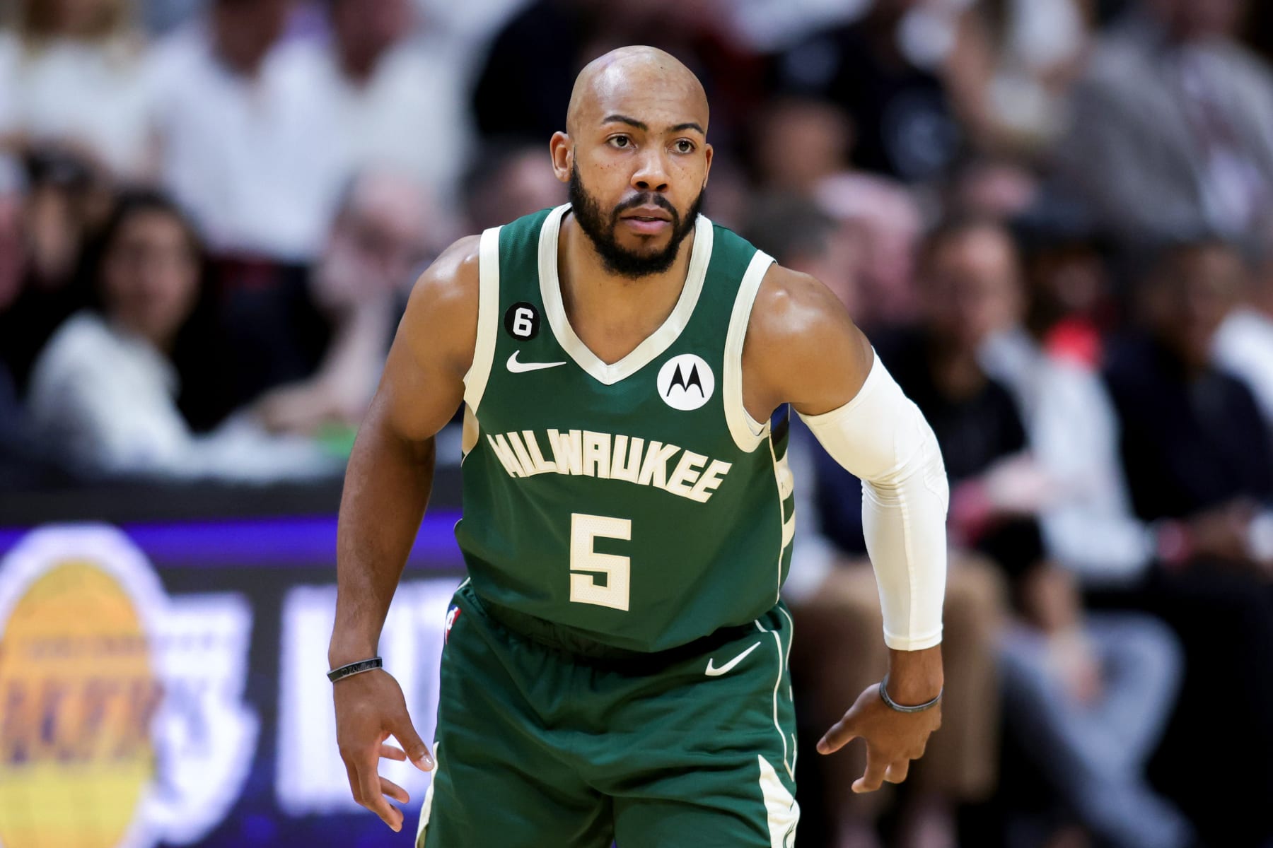 MIAMI, FLORIDA - APRIL 22: Jevon Carter #5 of the Milwaukee Bucks looks on against the Miami Heat during the first quarter in Game Three of the Eastern Conference First Round Playoffs at Kaseya Center on April 22, 2023 in Miami, Florida. NOTE TO USER: User expressly acknowledges and agrees that, by downloading and or using this photograph, User is consenting to the terms and conditions of the Getty Images License Agreement. (Photo by Megan Briggs/Getty Images)