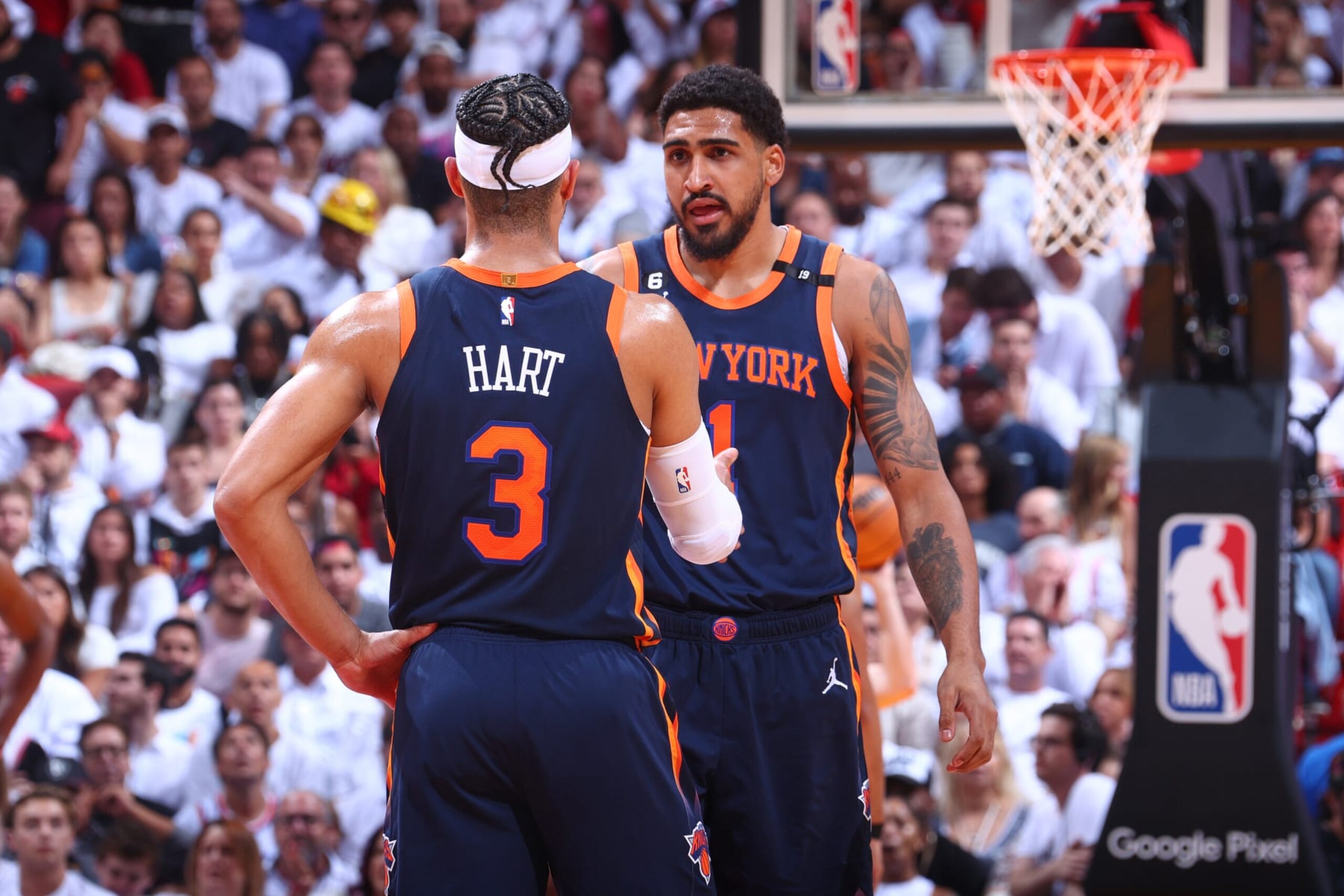 MIAMI, FL - MAY 12: Josh Hart #3 of the New York Knicks talks with Obi Toppin #1 during Game 6 of the 2023 NBA Playoffs Eastern Conference semi-finals on May 12, 2023 at Kaseya Center in Miami, Florida. NOTE TO USER: User expressly acknowledges and agrees that, by downloading and or using this Photograph, user is consenting to the terms and conditions of the Getty Images License Agreement. Mandatory Copyright Notice: Copyright 2023 NBAE (Photo by Nathaniel S. Butler/NBAE via Getty Images)
