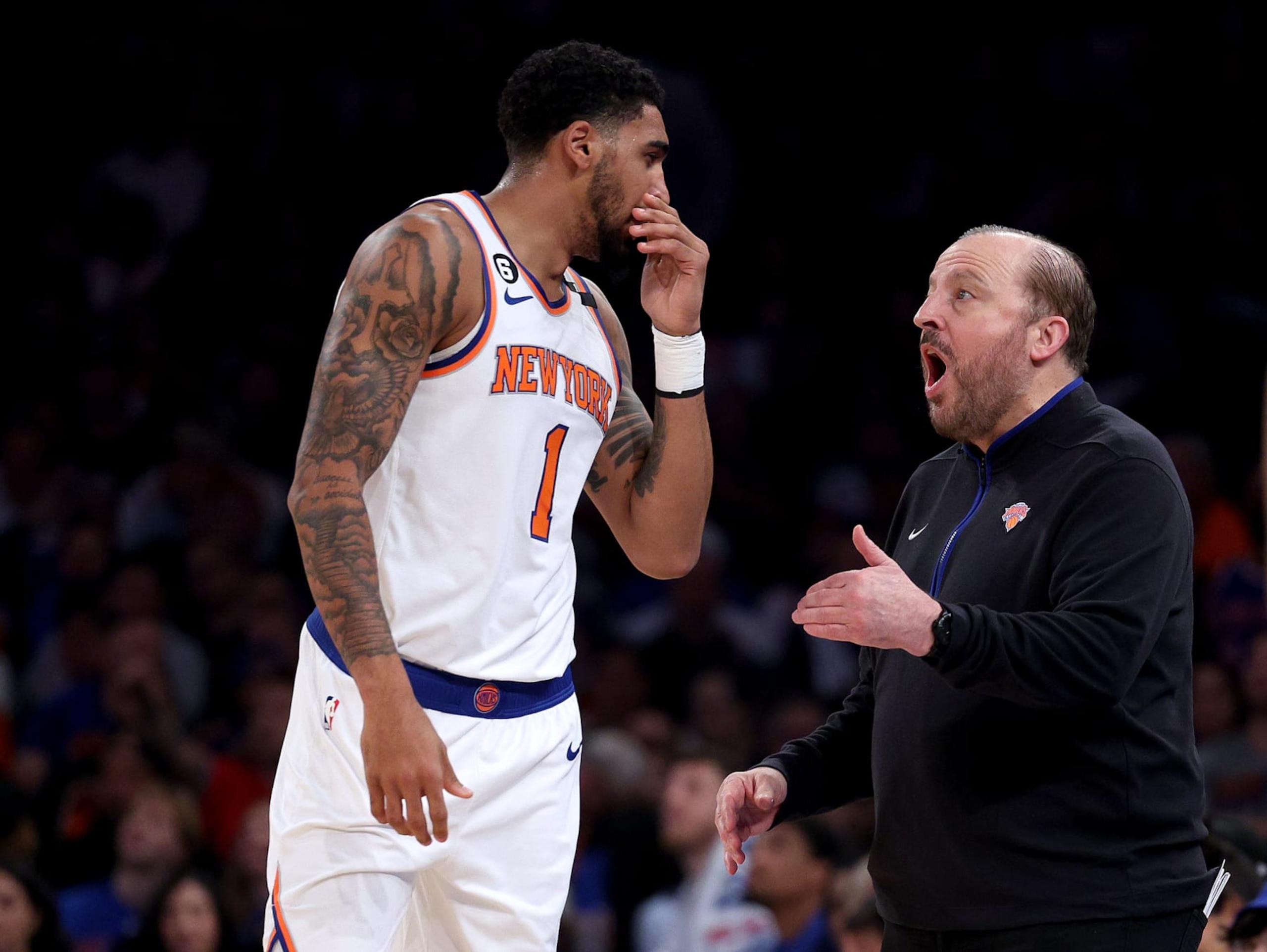 NEW YORK, NEW YORK - APRIL 30: Obi Toppin #1 of the New York Knicks talks with head coach Tom Thibodeau during a stop in play against the Miami Heat during game one of the Eastern Conference Semifinals at Madison Square Garden on April 30, 2023 in New York City. NOTE TO USER: User expressly acknowledges and agrees that, by downloading and or using this photograph, User is consenting to the terms and conditions of the Getty Images License Agreement. (Photo by Elsa/Getty Images)