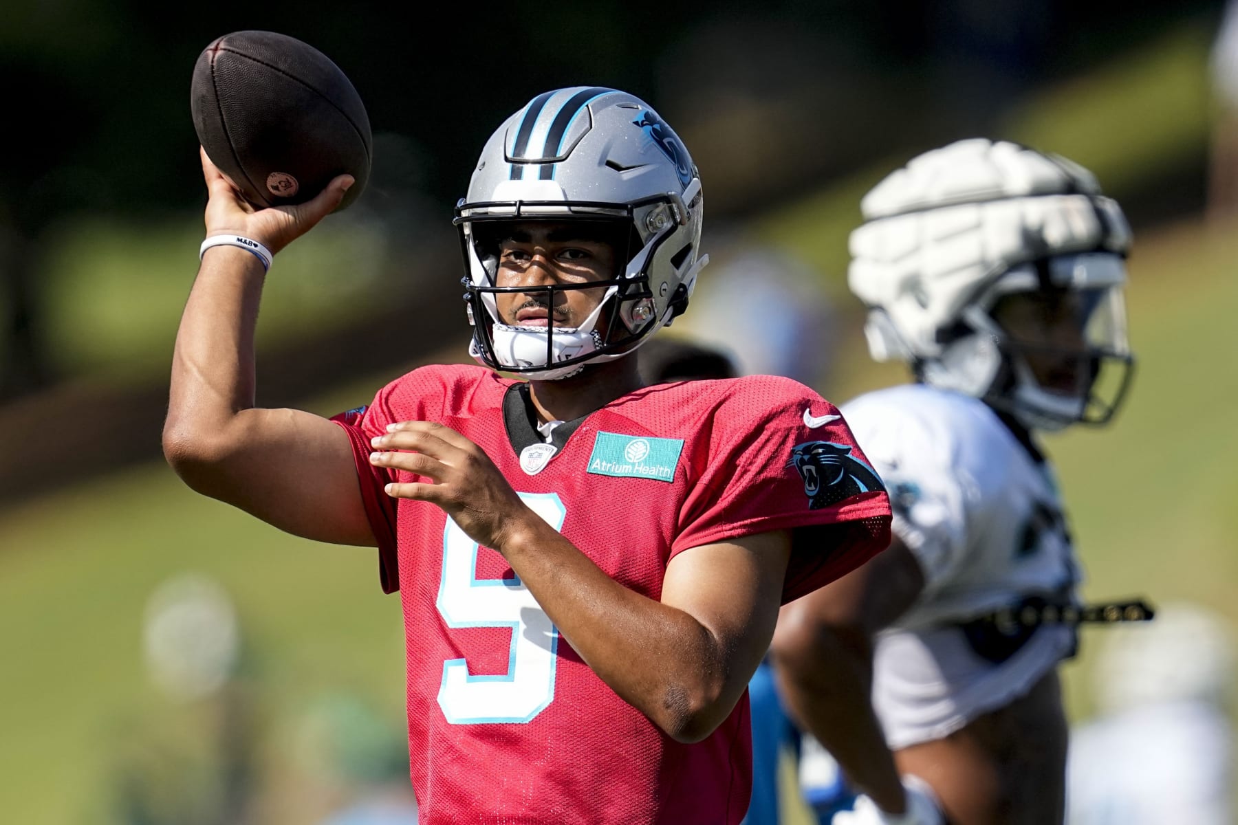 Carolina Panthers quarterback Bryce Young (9) warms up during a joint NFL football camp with the New York Jets, Wednesday, Aug. 9, 2023, in Spartanburg, S.C. (AP Photo/Mike Stewart)