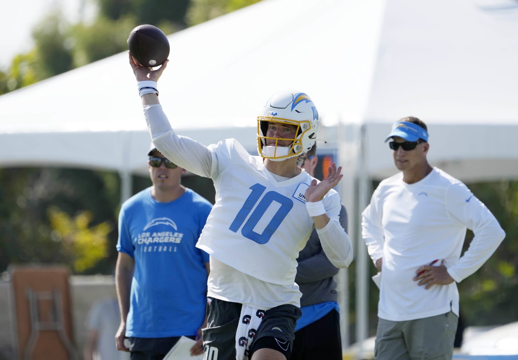 COSTA MESA, CALIFORNIA - AUGUST 5: Quarterback Justin Herbert #10 throws a pass during training camp at Jack Hammett Sports Complex on August 5, 2023 in Costa Mesa, California. (Photo by Kevork Djansezian/Getty Images)