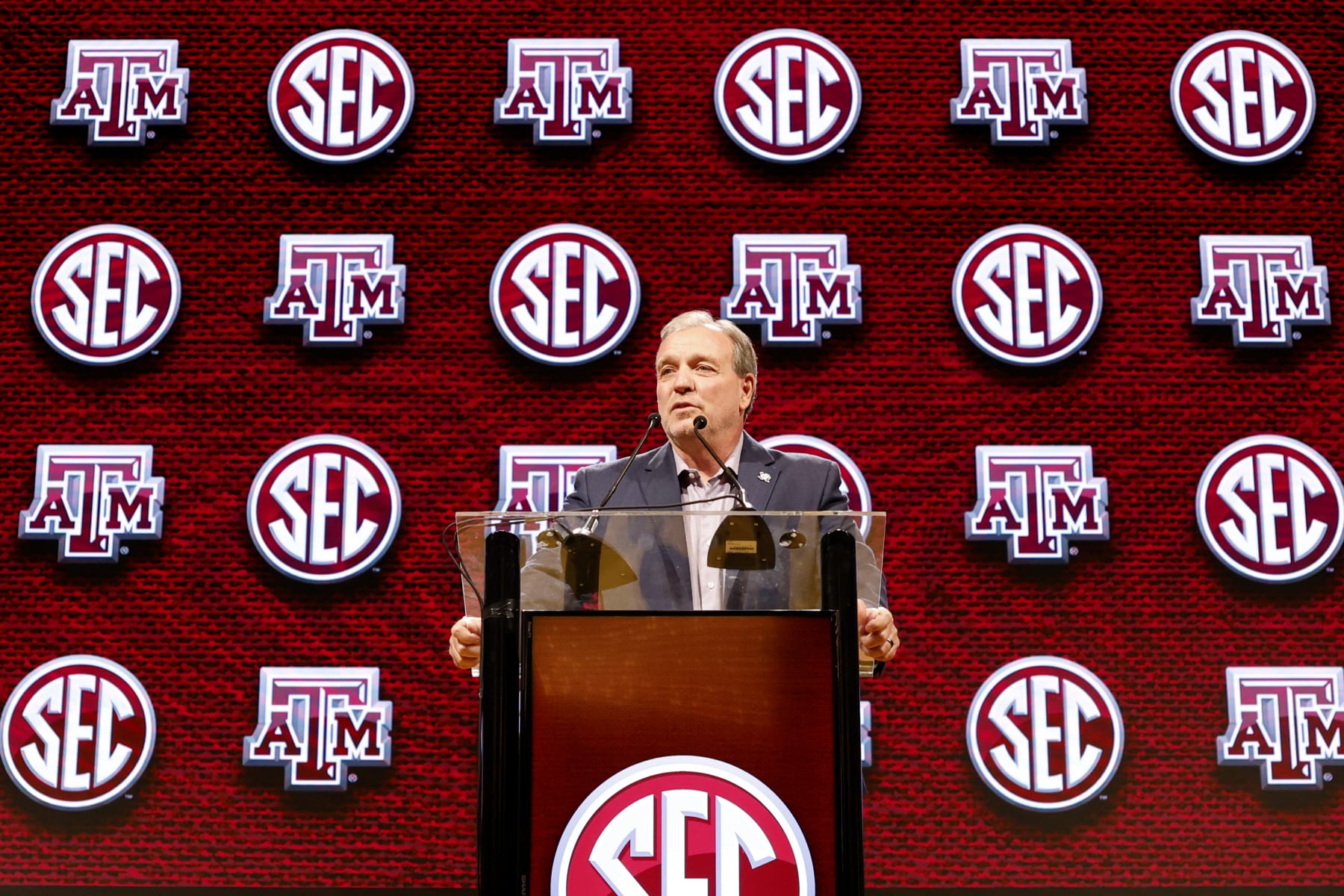 NASHVILLE, TENNESSEE - JULY 17: Head Coach Jimbo Fisher of the Texas A&M Aggies speaks during Day 1 of 2023 SEC Media Days at Grand Hyatt Nashville on July 17, 2023 in Nashville, Tennessee. (Photo by Johnnie Izquierdo/Getty Images)