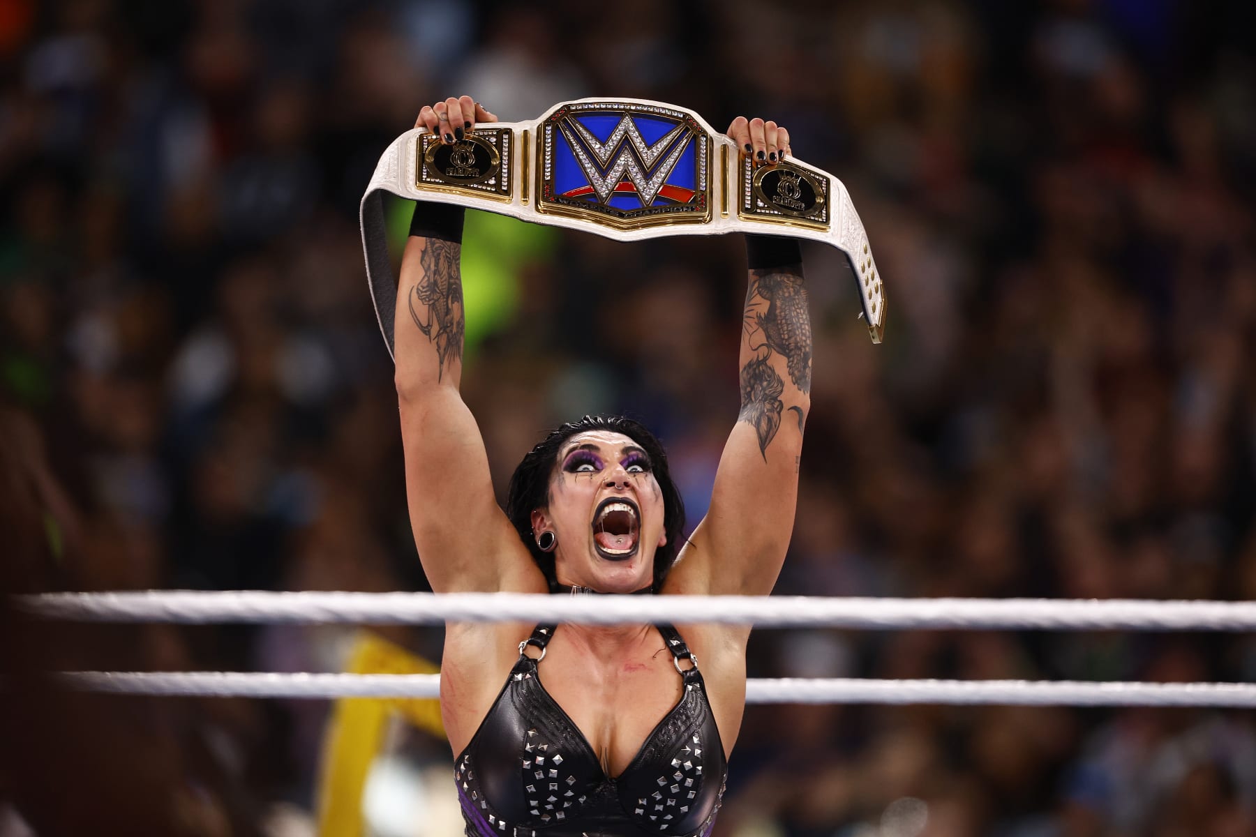 INGLEWOOD, CALIFORNIA - APRIL 01:  Rhea Ripley during WrestleMania Goes Hollywood at SoFi Stadium on April 01, 2023 in Inglewood, California. (Photo by Ronald Martinez/Getty Images)