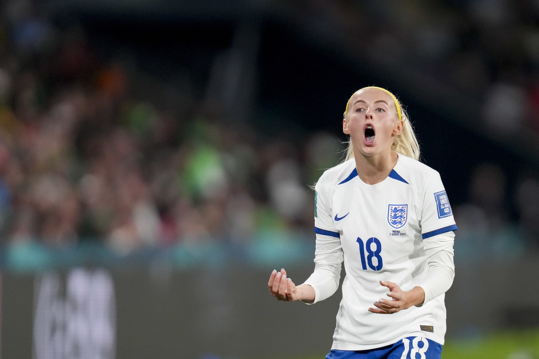 BRISBANE, AUSTRALIA - AUGUST 7: Chloe Kelly of England gestures during the FIFA Women's World Cup Australia & New Zealand 2023 Round of 16 match between England and Nigeria at Brisbane Stadium on August 7, 2023 in Brisbane, Australia. (Photo by Sajad Imanian/DeFodi Images via Getty Images)