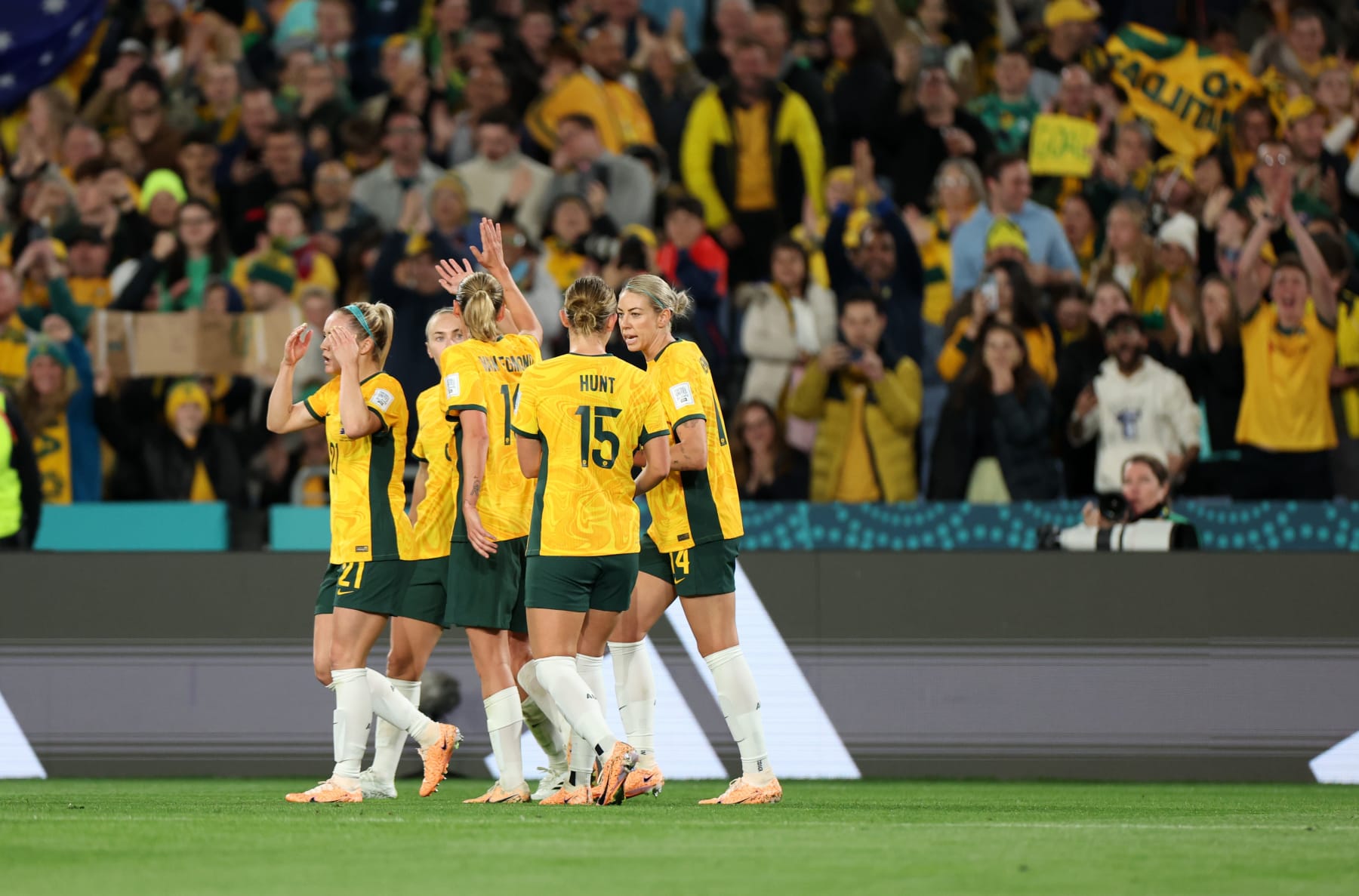 Players of Australia celebrate Caitlin Foord's goal during the round of 16 match between Australia and Denmark at the 2023 FIFA Women's World Cup in Sydney, Australia, Aug. 7, 2023. (Photo by Qin Lang/Xinhua via Getty Images)