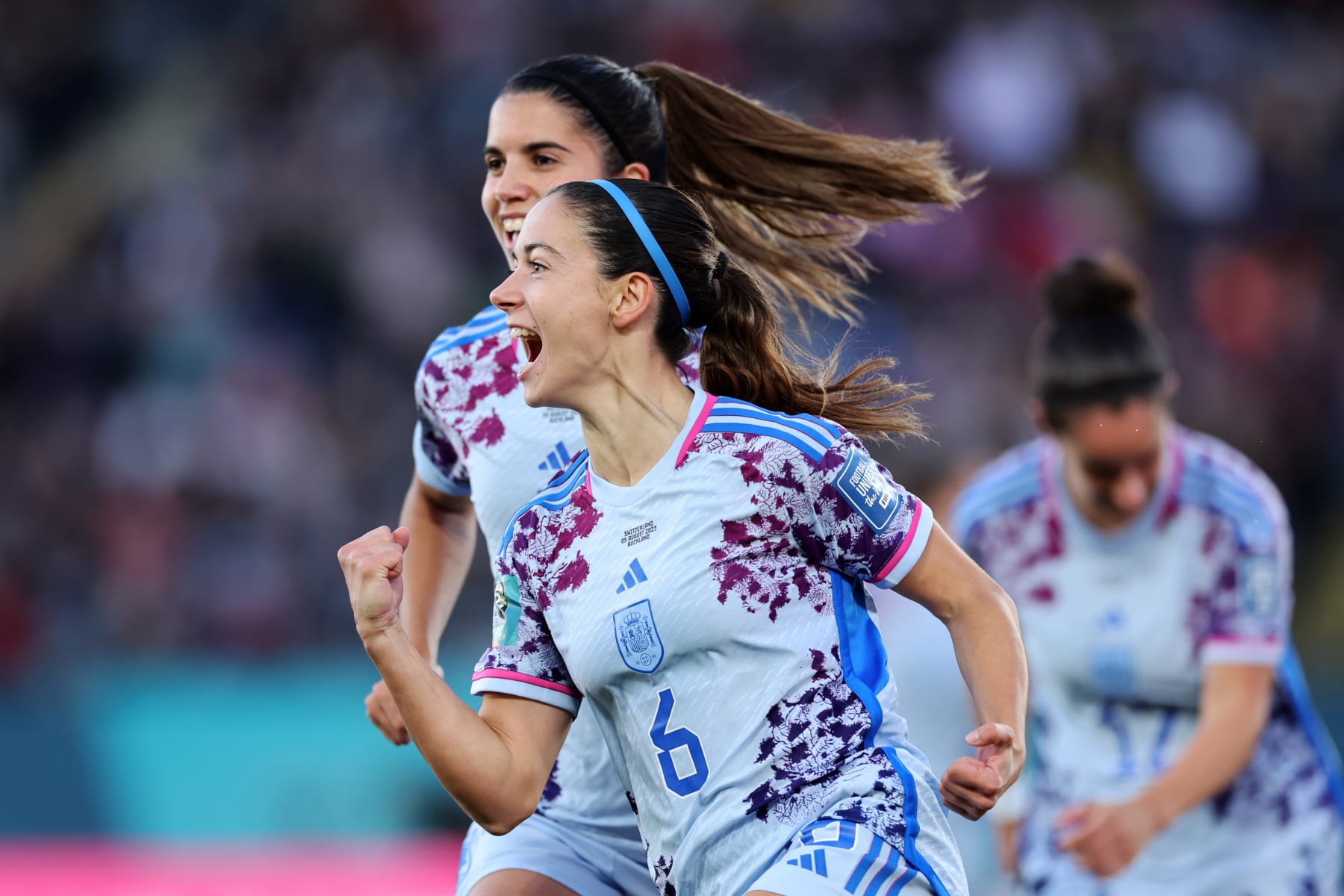 AUCKLAND, NEW ZEALAND - AUGUST 05: Aitana Bonmati of Spain celebrates after scoring her team's first goal during the FIFA Women's World Cup Australia & New Zealand 2023 Round of 16 match between Switzerland and Spain at Eden Park on August 05, 2023 in Auckland / TÄmaki Makaurau, New Zealand. (Photo by Jan Kruger - FIFA/FIFA via Getty Images)