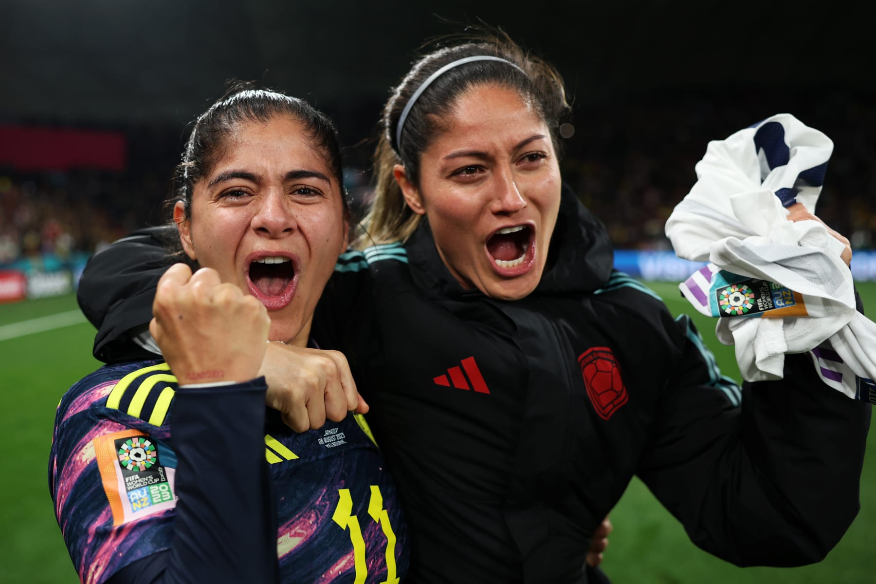 MELBOURNE, AUSTRALIA - AUGUST 08: Catalina Usme and Sandra Sepulveda of Colombia celebrate after the team's 1-0 victory and advance to the quarter final following the FIFA Women's World Cup Australia & New Zealand 2023 Round of 16 match between Colombia and Jamaica at Melbourne Rectangular Stadium on August 08, 2023 in Melbourne / Naarm, Australia. (Photo by Alex Pantling - FIFA/FIFA via Getty Images)