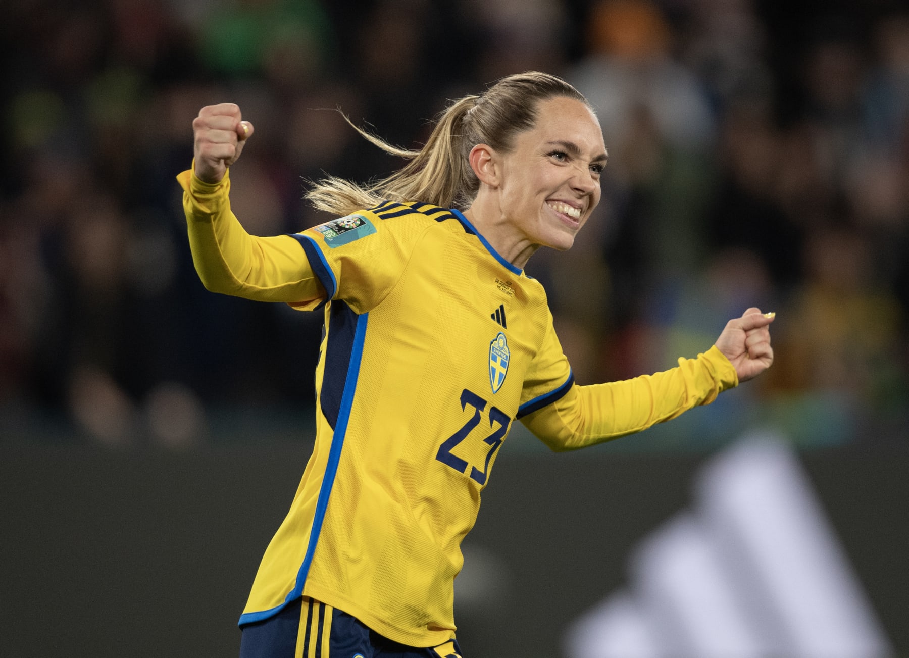 MELBOURNE, AUSTRALIA - AUGUST 6: Elin Rubensson of Sweden celebrates scoring her penalty during the FIFA Women's World Cup Australia & New Zealand 2023 Round of 16 match between Winner Group G and Runner Up Group E at Melbourne Rectangular Stadium on August 6, 2023 in Melbourne, Australia. (Photo by Joe Prior/Visionhaus via Getty Images)