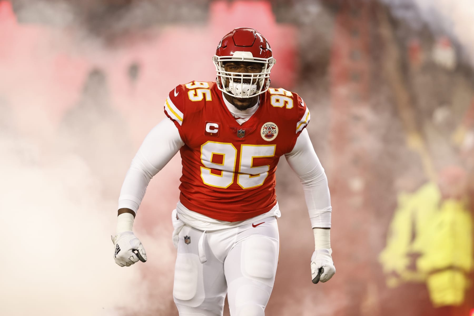 KANSAS CITY, MISSOURI - JANUARY 29: Chris Jones #95 of the Kansas City Chiefs reacts as he takes the field prior to the AFC Championship NFL football game between the Kansas City Chiefs and the Cincinnati Bengals at GEHA Field at Arrowhead Stadium on January 29, 2023 in Kansas City, Missouri. (Photo by Michael Owens/Getty Images)