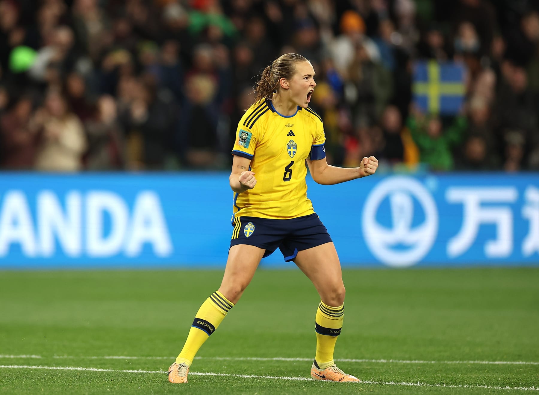 Sweden's Magdalena Eriksson celebrates after scoring a kick during the penalty shoot-out of the round of 16 match between Sweden and the United States at the 2023 FIFA Women's World Cup in Melbourne, Australia, Aug. 6, 2023. (Photo by Ding Xu/Xinhua via Getty Images)