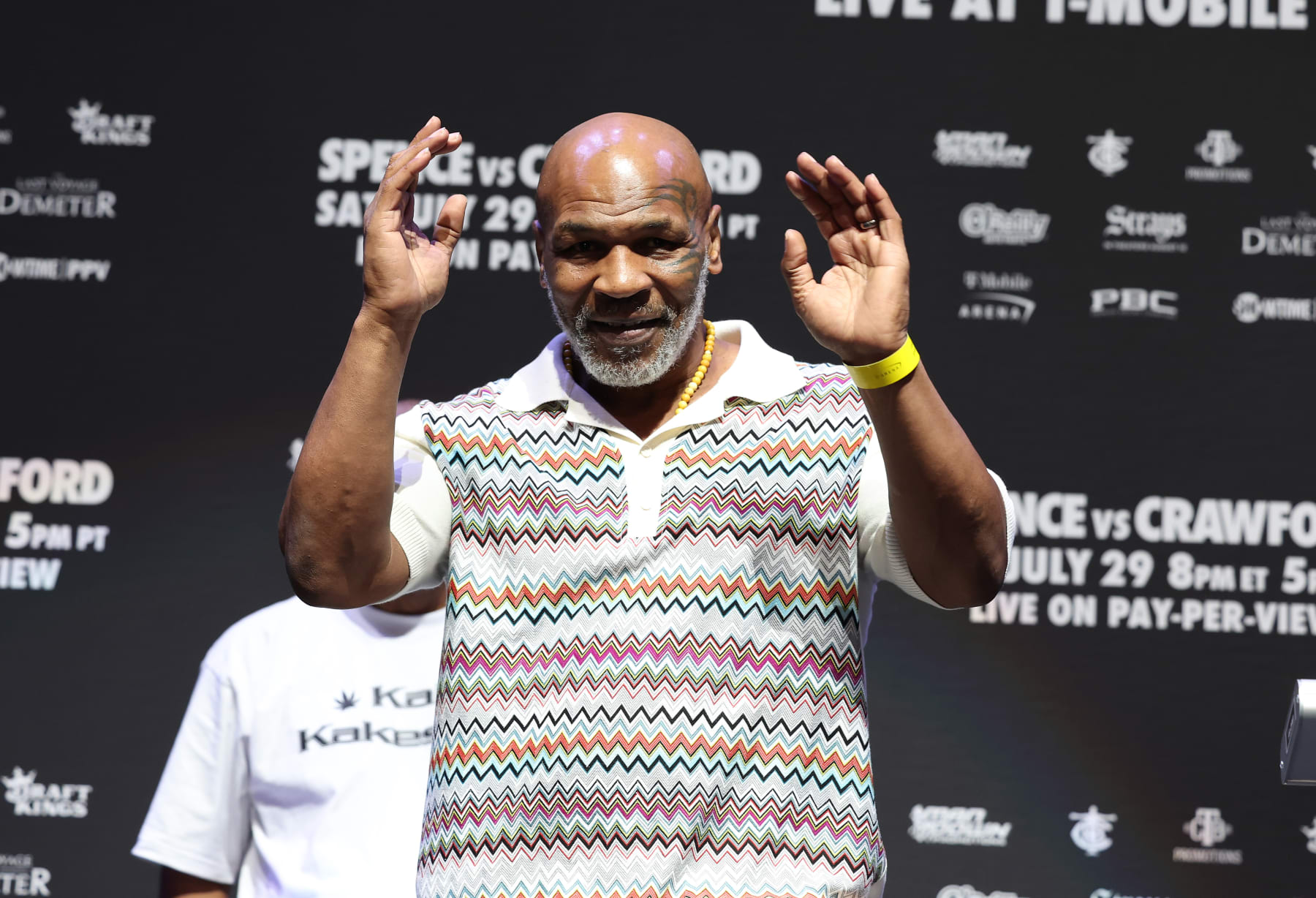 LAS VEGAS, NEVADA - JULY 28: Mike Tyson looks on during the weigh-in for Terence Crawford and Errol Spence Jr. weigh-in at T-Mobile Arena on July 28, 2023. Spence Jr. and Crawford will fight for the undisputed world welterweight championship at T-Mobile Arena in Las Vegas on July 29. (Photo by Al Bello/Getty Images)