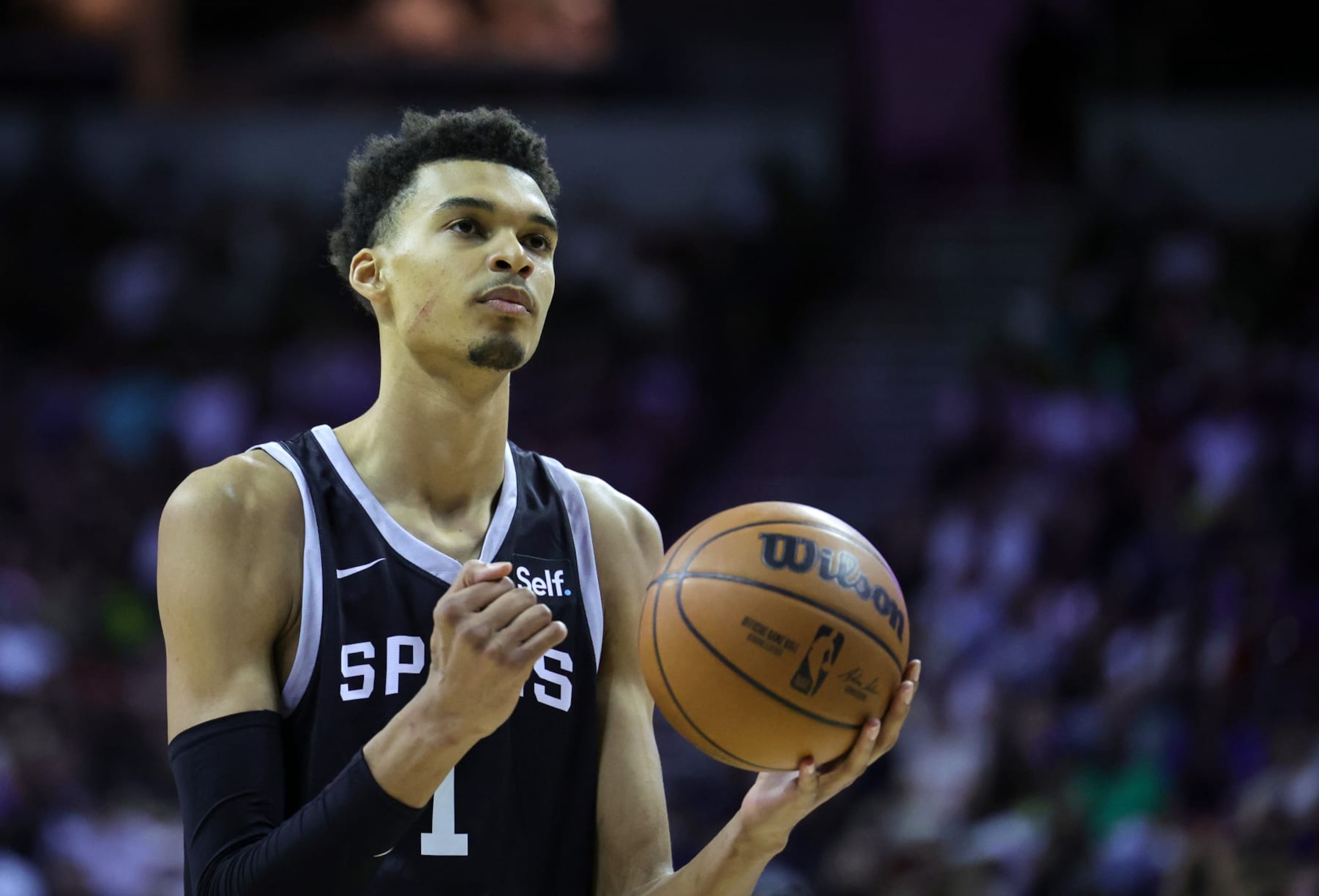 LAS VEGAS, NEVADA - JULY 09: Victor Wembanyama #1 of the San Antonio Spurs shoots a free throw against the Portland Trail Blazers in the second half of a 2023 NBA Summer League game at the Thomas & Mack Center on July 09, 2023 in Las Vegas, Nevada. NOTE TO USER: User expressly acknowledges and agrees that, by downloading and or using this photograph, User is consenting to the terms and conditions of the Getty Images License Agreement. (Photo by Ethan Miller/Getty Images) LAS VEGAS, NEVADA - JULY 09: Victor Wembanyama #1 of the San Antonio Spurs shoots a free throw against the Portland Trail Blazers in the second half of a 2023 NBA Summer League game at the Thomas & Mack Center on July 09, 2023 in Las Vegas, Nevada. NOTE TO USER: User expressly acknowledges and agrees that, by downloading and or using this photograph, User is consenting to the terms and conditions of the Getty Images License Agreement. (Photo by Ethan Miller/Getty Images)