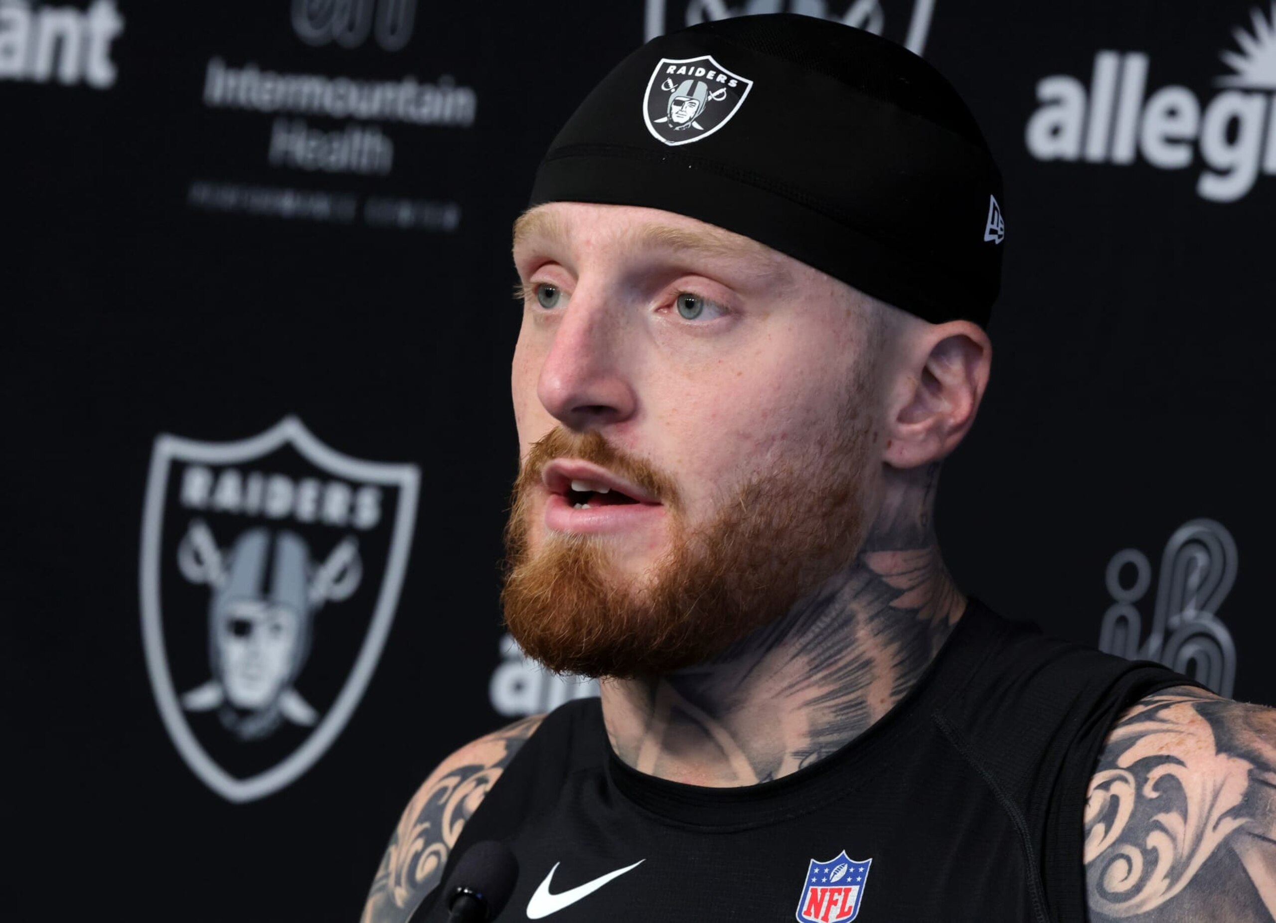 HENDERSON, NEVADA - JULY 26: Defensive end Maxx Crosby #98 of the Las Vegas Raiders speaks at a news conference after the first practice of the team's training camp at the Las Vegas Raiders Headquarters/Intermountain Healthcare Performance Center on July 26, 2023 in Henderson, Nevada. (Photo by Ethan Miller/Getty Images)