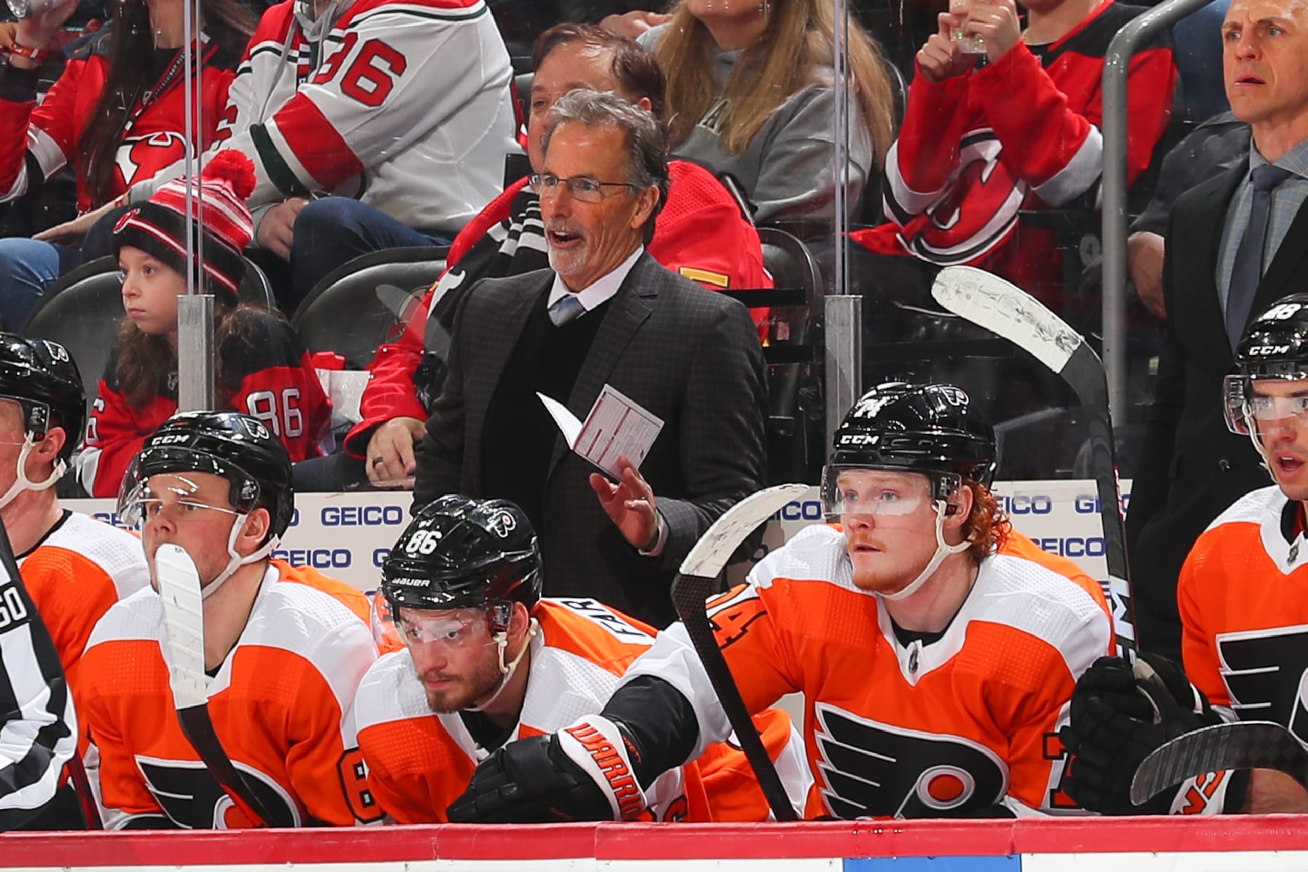 NEWARK, NJ - FEBRUARY 25: John Tortorella Head Coach of the Philadelphia Flyers behind the bench during the game against the New Jersey Devils on February 25, 2023 at the Prudential Center in Newark, New Jersey.  (Photo by Rich Graessle/NHLI via Getty Images)