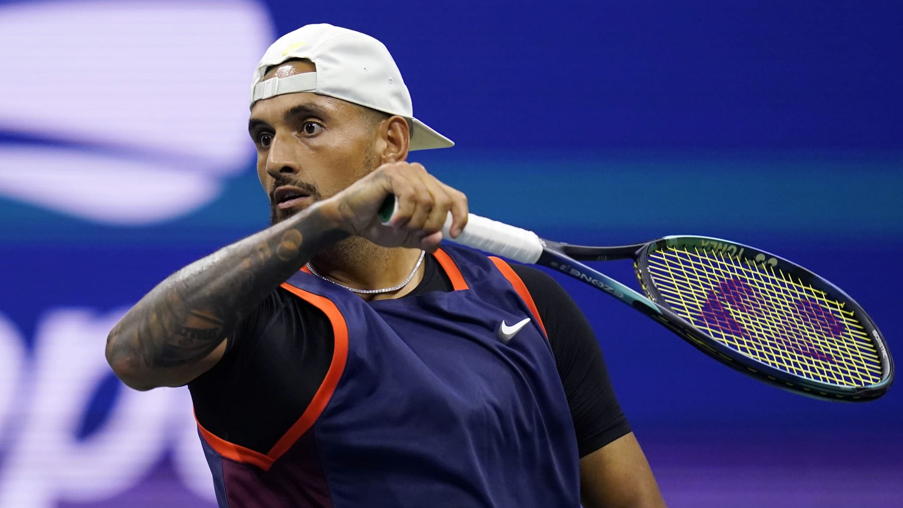 Nick Kyrgios, of Australia, returns to Karen Khachanov, of Russia, during the quarterfinals of the U.S. Open tennis championships, Tuesday, Sept. 6, 2022, in New York. (AP Photo/Charles Krupa)