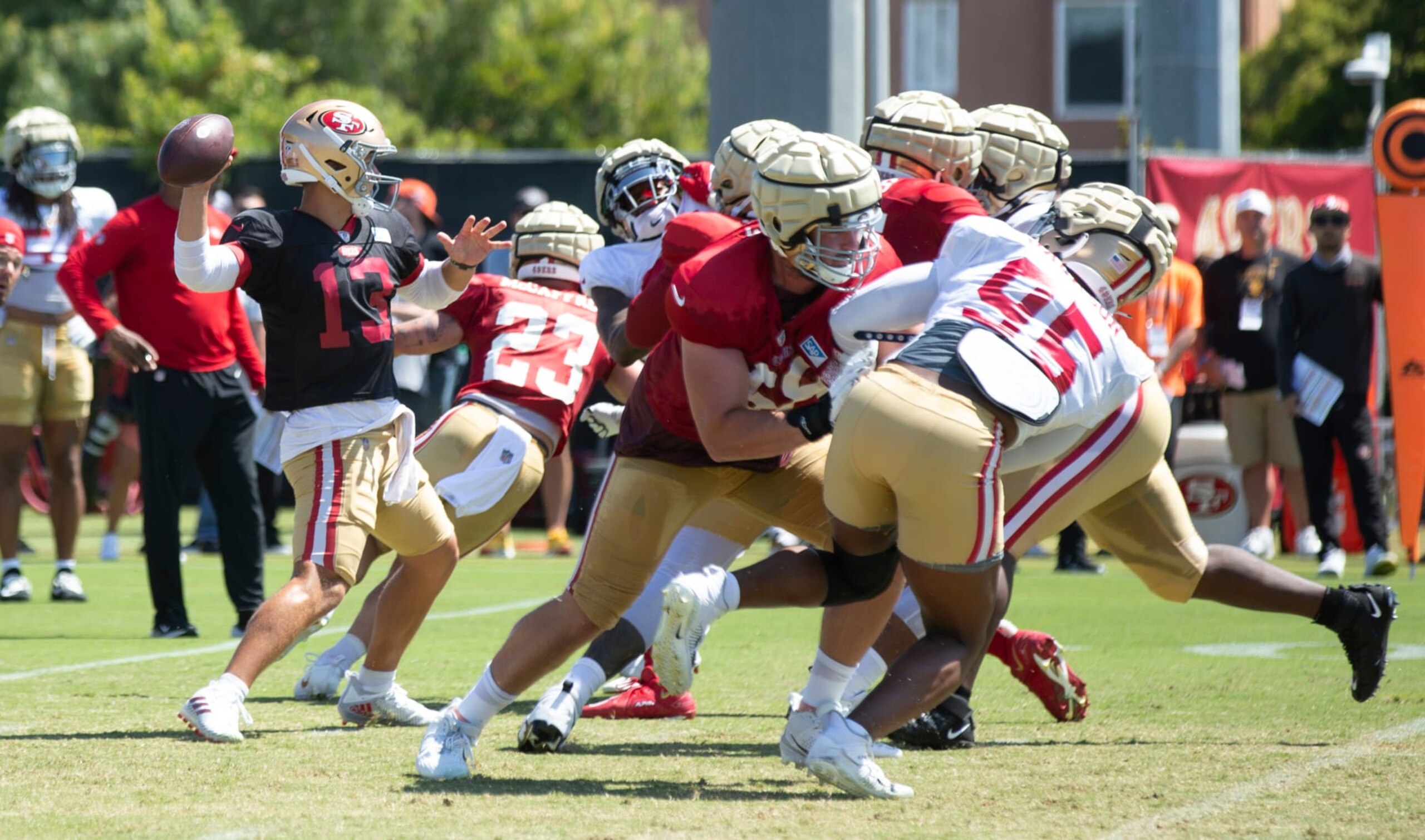 SANTA CLARA, CA - AUGUST 1: Brock Purdy #13 of the San Francisco 49ers passes during training camp at the SAP Performance Facility on August 1, 2023 in Santa Clara, California. (Photo by Michael Zagaris/San Francisco 49ers/Getty Images) SANTA CLARA, CA - AUGUST 1: Brock Purdy #13 of the San Francisco 49ers passes during training camp at the SAP Performance Facility on August 1, 2023 in Santa Clara, California. (Photo by Michael Zagaris/San Francisco 49ers/Getty Images)