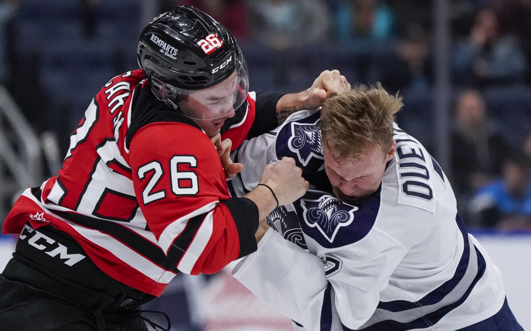 QUEBEC CITY, QC - OCTOBER 18:  Nathan Ouellet #7 of the Rimouski Oceanic and Thomas Caron #26 of the Quebec Remparts fight during their QMJHL hockey game at the Videotron Center on October 18, 2019 in Quebec City, Quebec, Canada. (Photo by Mathieu Belanger/Getty Images)