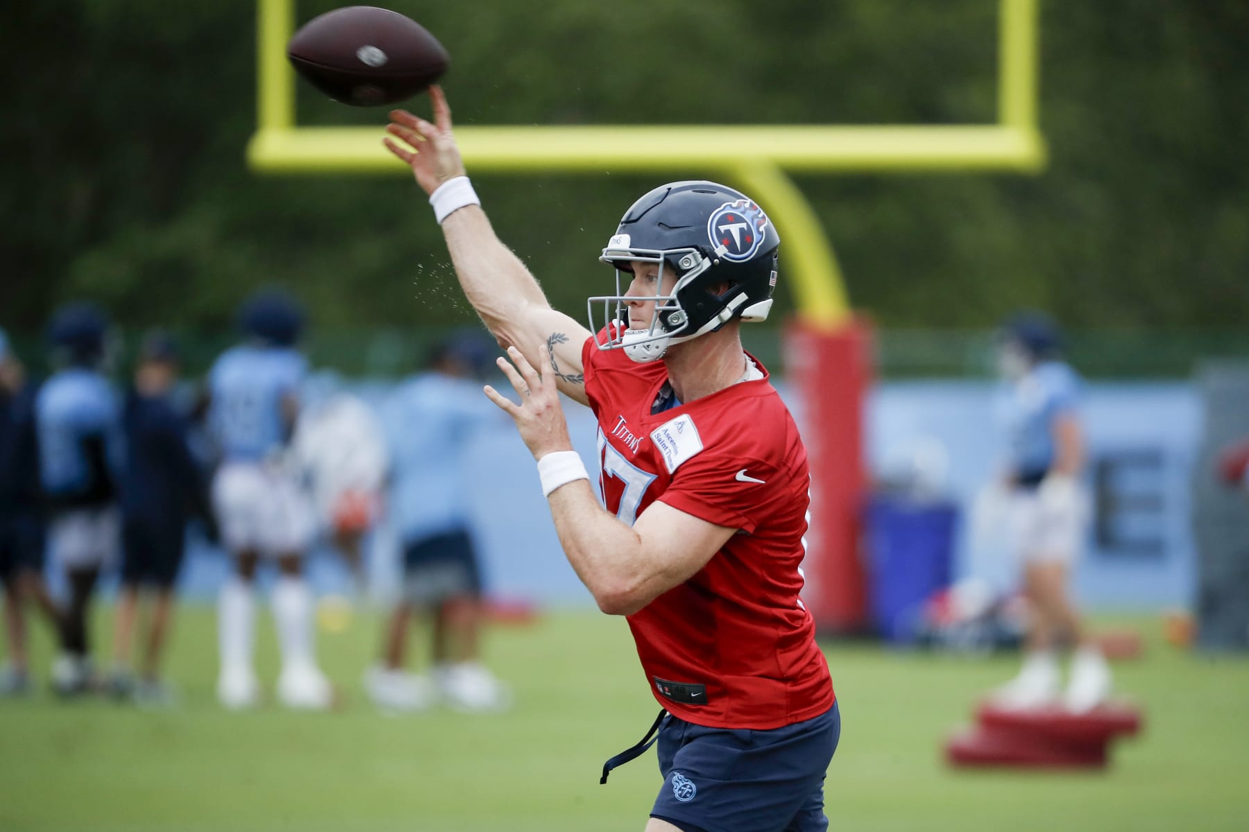 NASHVILLE, TENNESSEE - AUGUST 10: Ryan Tannehill #17 of the Tennessee Titans throws passes in training camp at Ascension Saint Thomas Sports Park on August 10, 2023 in Nashville, Tennessee. (Photo by Silas Walker/Getty Images)