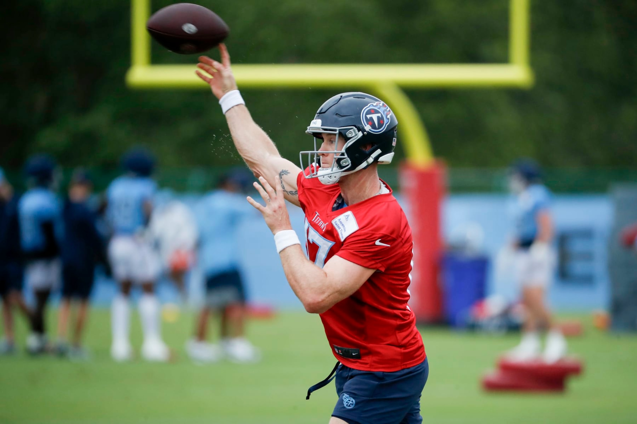 NASHVILLE, TENNESSEE - AUGUST 10: Ryan Tannehill #17 of the Tennessee Titans throws passes in training camp at Ascension Saint Thomas Sports Park on August 10, 2023 in Nashville, Tennessee. (Photo by Silas Walker/Getty Images)