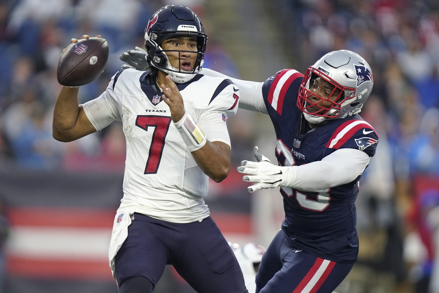 Texans QB C.J. Stroud under pressure by Patriots LB Anfernee Jennings
