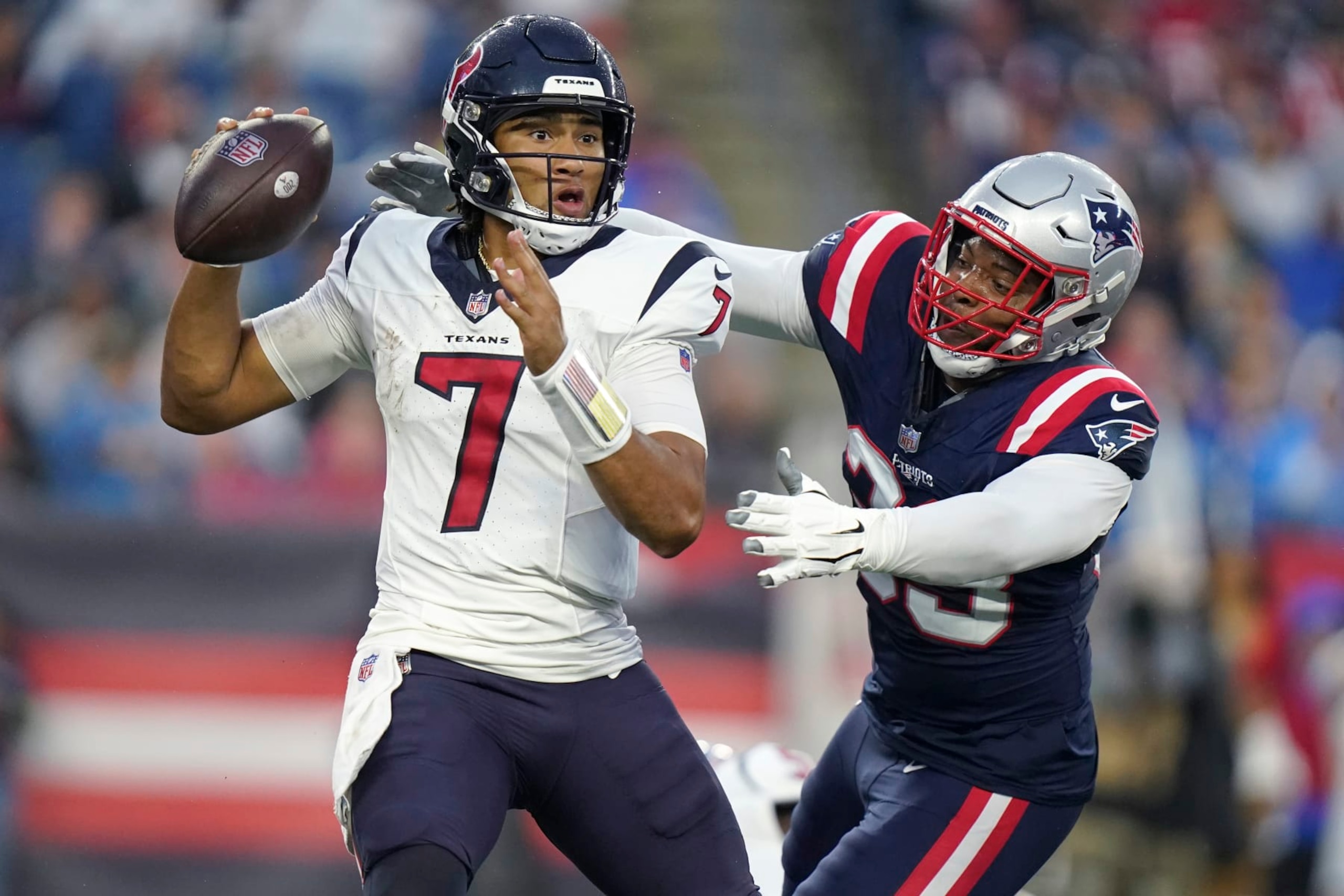 Texans QB C.J. Stroud under pressure by Patriots LB Anfernee Jennings