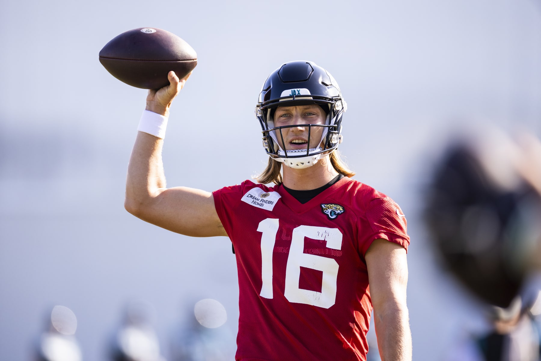JACKSONVILLE, FLORIDA - AUGUST 03: Trevor Lawrence #16 of the Jacksonville Jaguars looks on during Training Camp at Miller Electric Center on August 03, 2023 in Jacksonville, Florida. (Photo by James Gilbert/Getty Images)