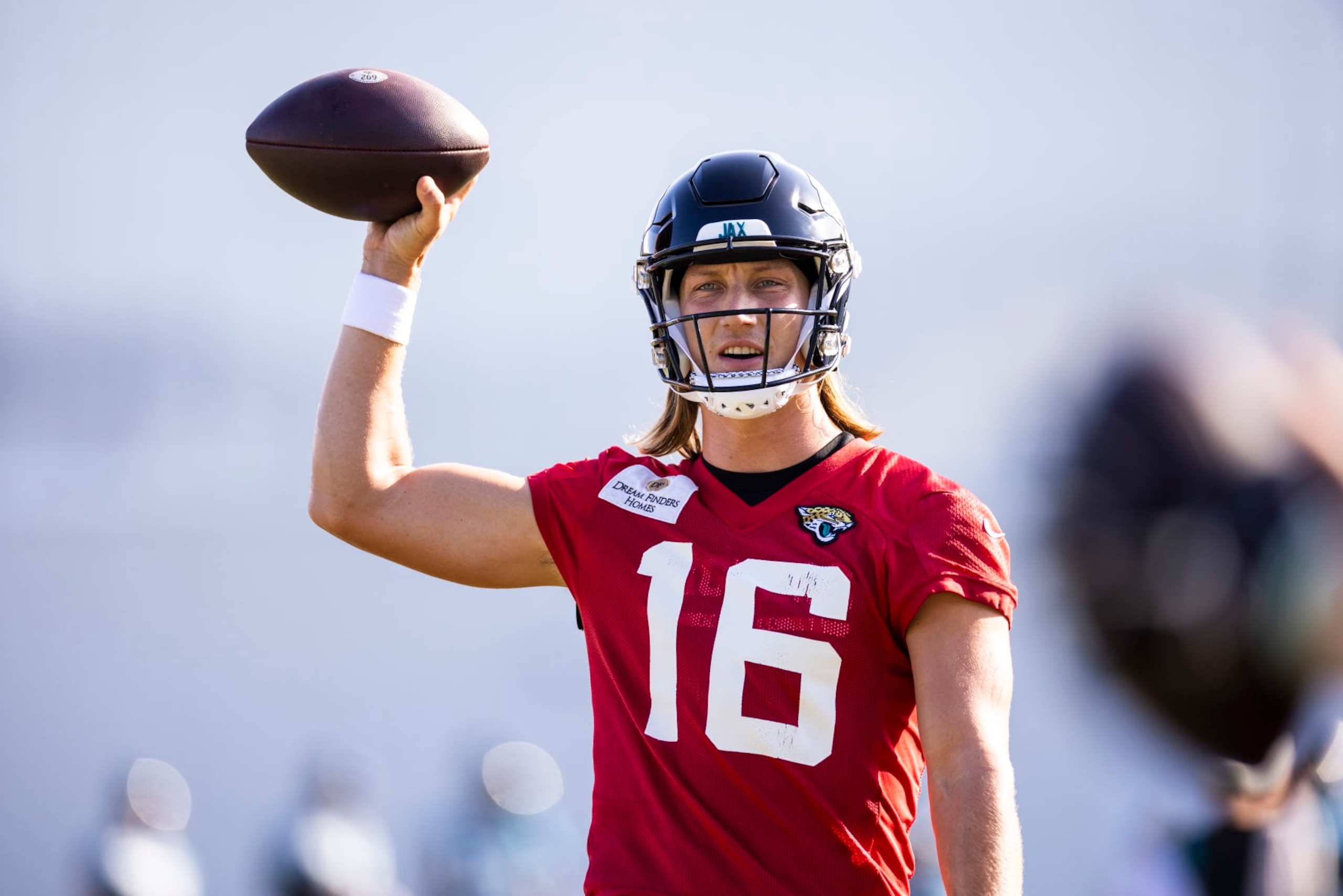 JACKSONVILLE, FLORIDA - AUGUST 03: Trevor Lawrence #16 of the Jacksonville Jaguars looks on during Training Camp at Miller Electric Center on August 03, 2023 in Jacksonville, Florida. (Photo by James Gilbert/Getty Images)