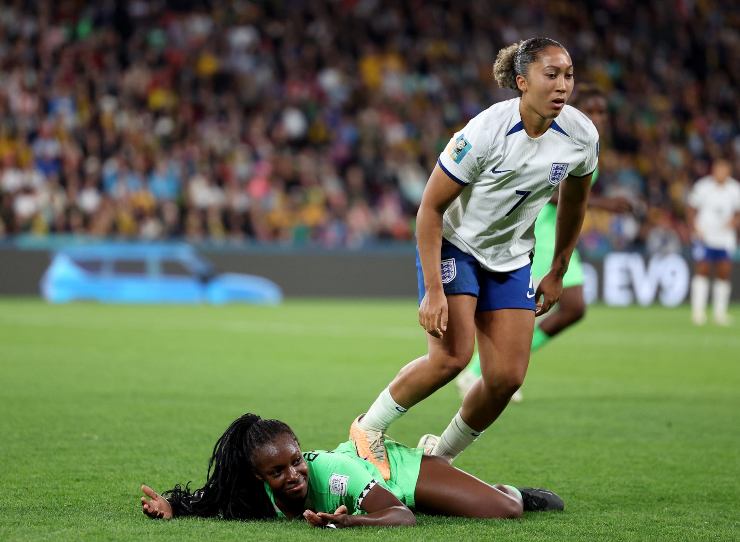 BRISBANE, AUSTRALIA - AUGUST 07:  Lauren James of England stamps on Michelle Alozie of Nigeria which later leads to a red card being shown following a Video Assistant Referee review during the FIFA Women's World Cup Australia & New Zealand 2023 Round of 16 match between England and Nigeria at Brisbane Stadium on August 07, 2023 in Brisbane / Meaanjin, Australia. (Photo by Elsa - FIFA/FIFA via Getty Images)