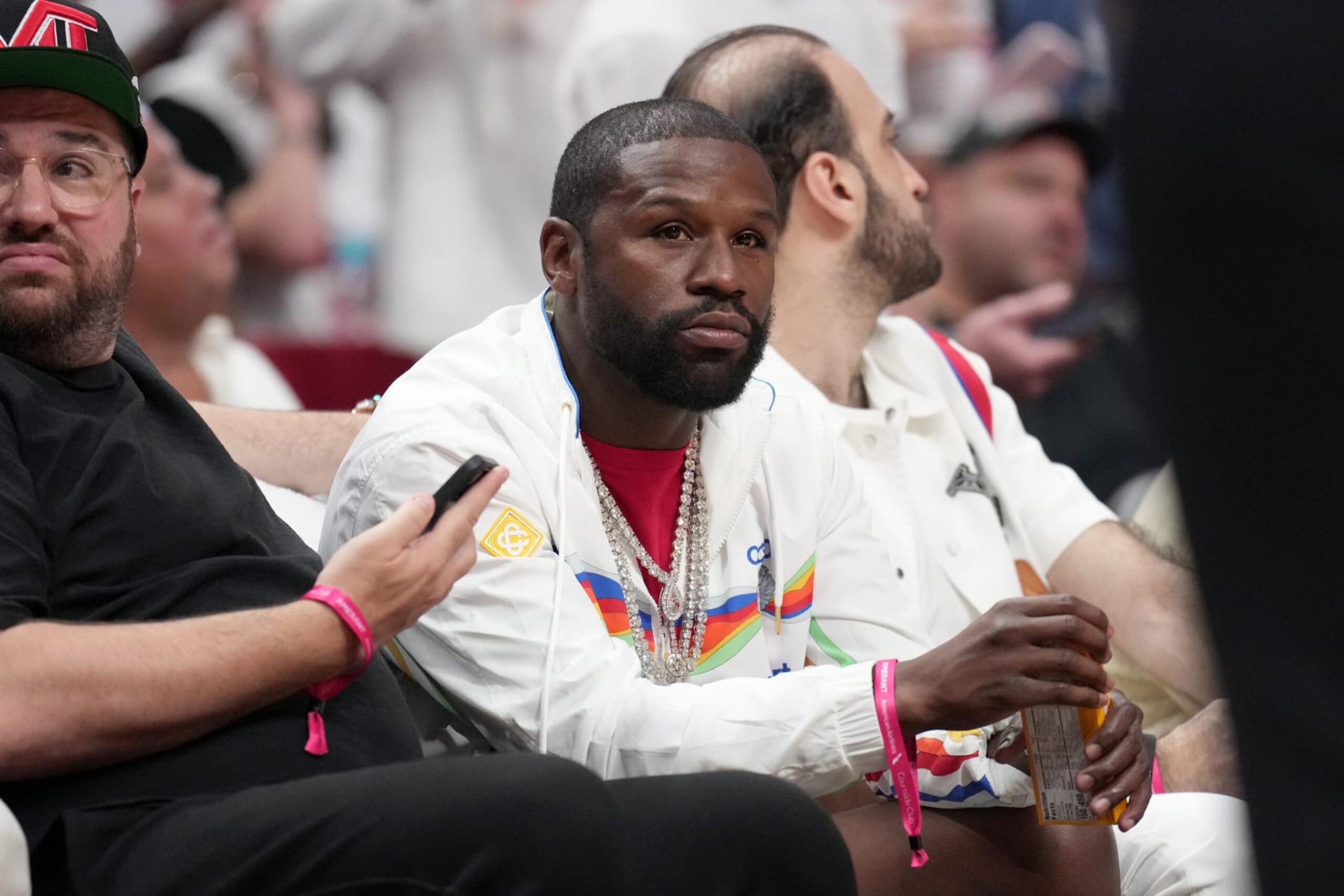 MIAMI, FL - JUNE 7: Floyd Mayweather attends Game Three of the 2023 NBA Finals between the Denver Nuggets and Miami Heat on June 7, 2023 at Kaseya Center in Miami, Florida. NOTE TO USER: User expressly acknowledges and agrees that, by downloading and or using this Photograph, user is consenting to the terms and conditions of the Getty Images License Agreement. Mandatory Copyright Notice: Copyright 2023 NBAE (Photo by Jesse D. Garrabrant/NBAE via Getty Images)