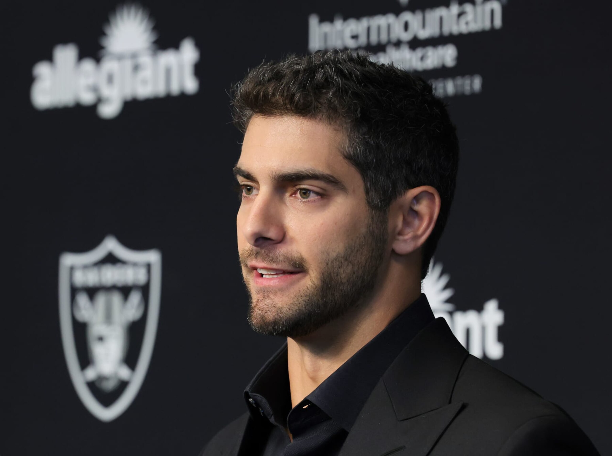 HENDERSON, NEVADA - MARCH 17: Quarterback Jimmy Garoppolo is introduced at the Las Vegas Raiders Headquarters/Intermountain Healthcare Performance Center on March 17, 2023 in Henderson, Nevada. (Photo by Ethan Miller/Getty Images)