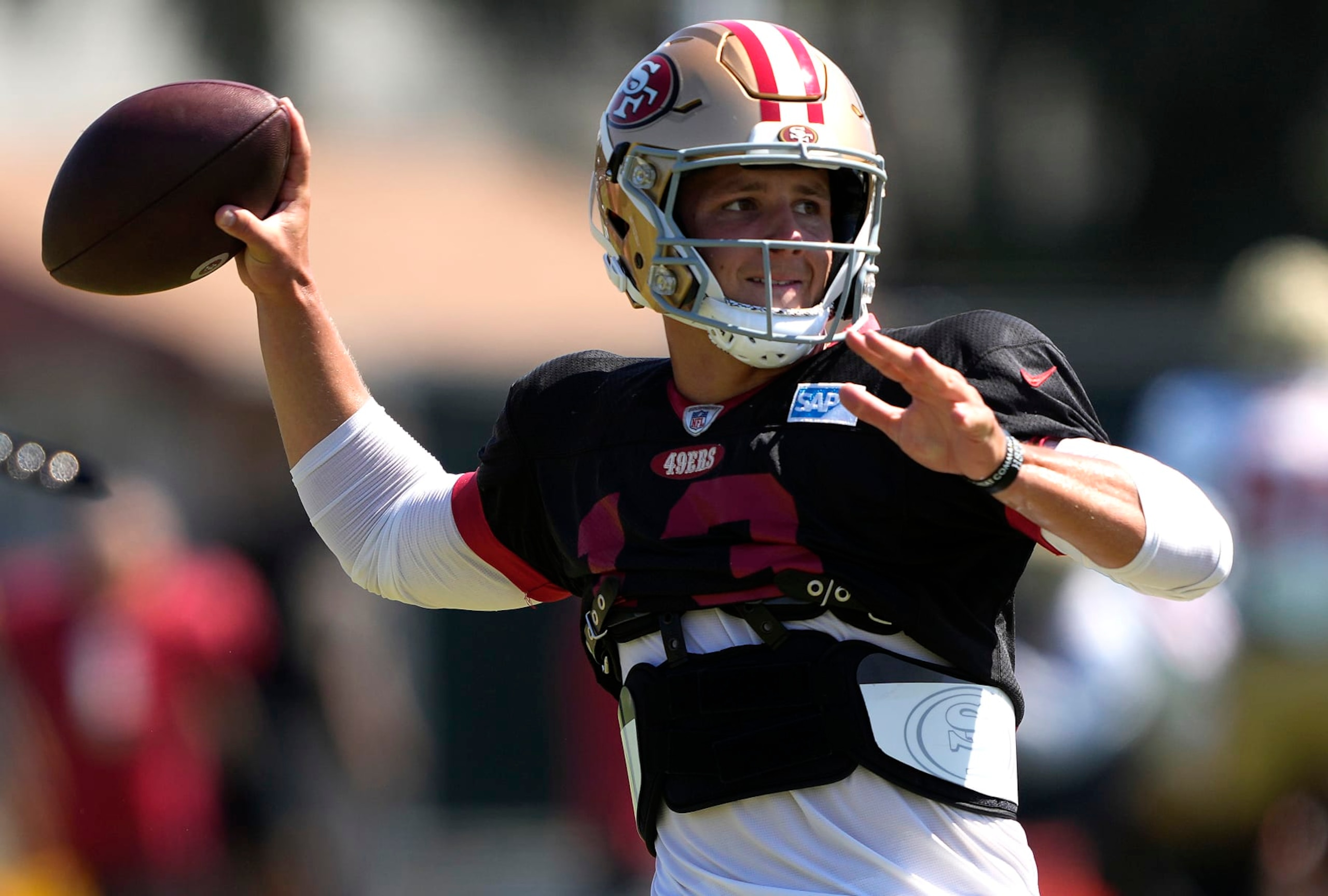 SANTA CLARA, CALIFORNIA - AUGUST 04: Brock Purdy #13 of the San Francisco 49ers works out during training camp at SAP Performance Facility on August 04, 2023 in Santa Clara, California. (Photo by Thearon W. Henderson/Getty Images)