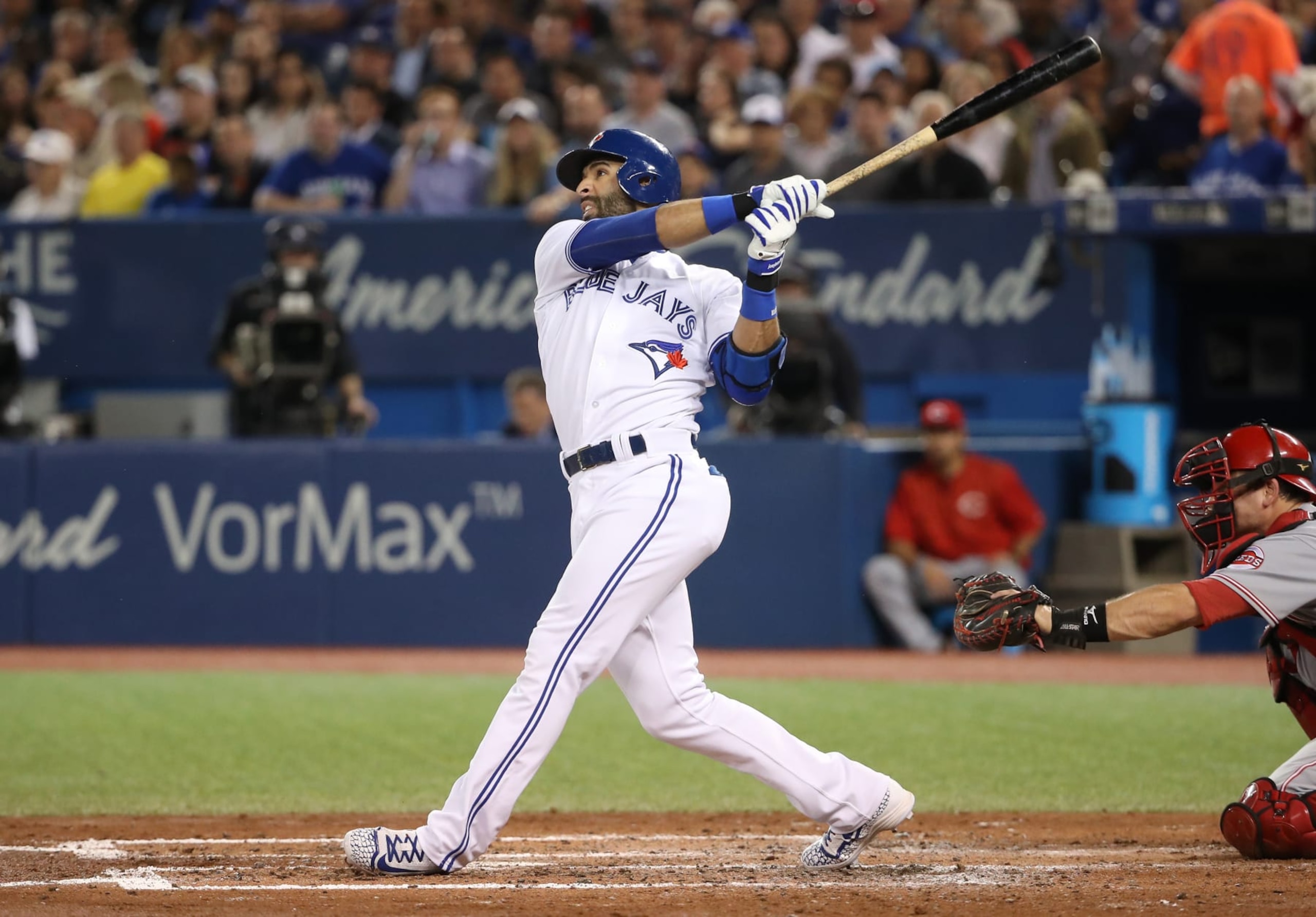 TORONTO, ON - MAY 30: Jose Bautista #19 of the Toronto Blue Jays hits a solo home run in the fourth inning during MLB game action against the Cincinnati Reds at Rogers Centre on May 30, 2017 in Toronto, Canada. (Photo by Tom Szczerbowski/Getty Images)