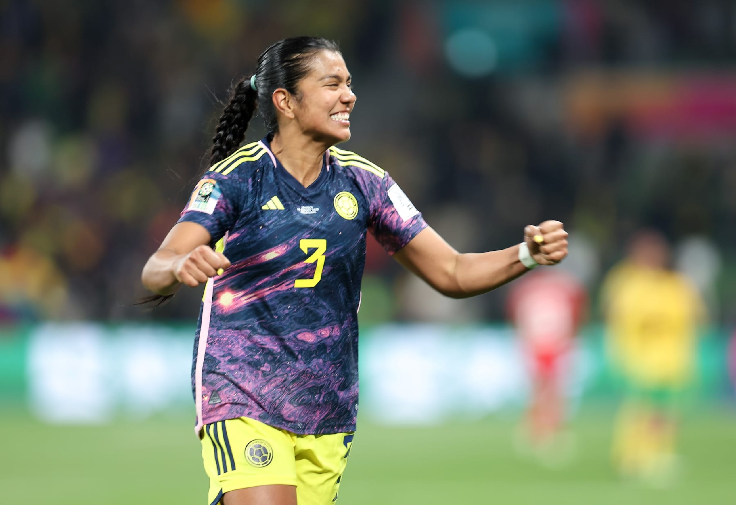 Colombia's Daniela Arias celebrates after the round of 16 match between Colombia and Jamaica at the 2023 FIFA Women's World Cup in Melbourne, Australia, Aug. 8, 2023. (Photo by Ding Xu/Xinhua via Getty Images)