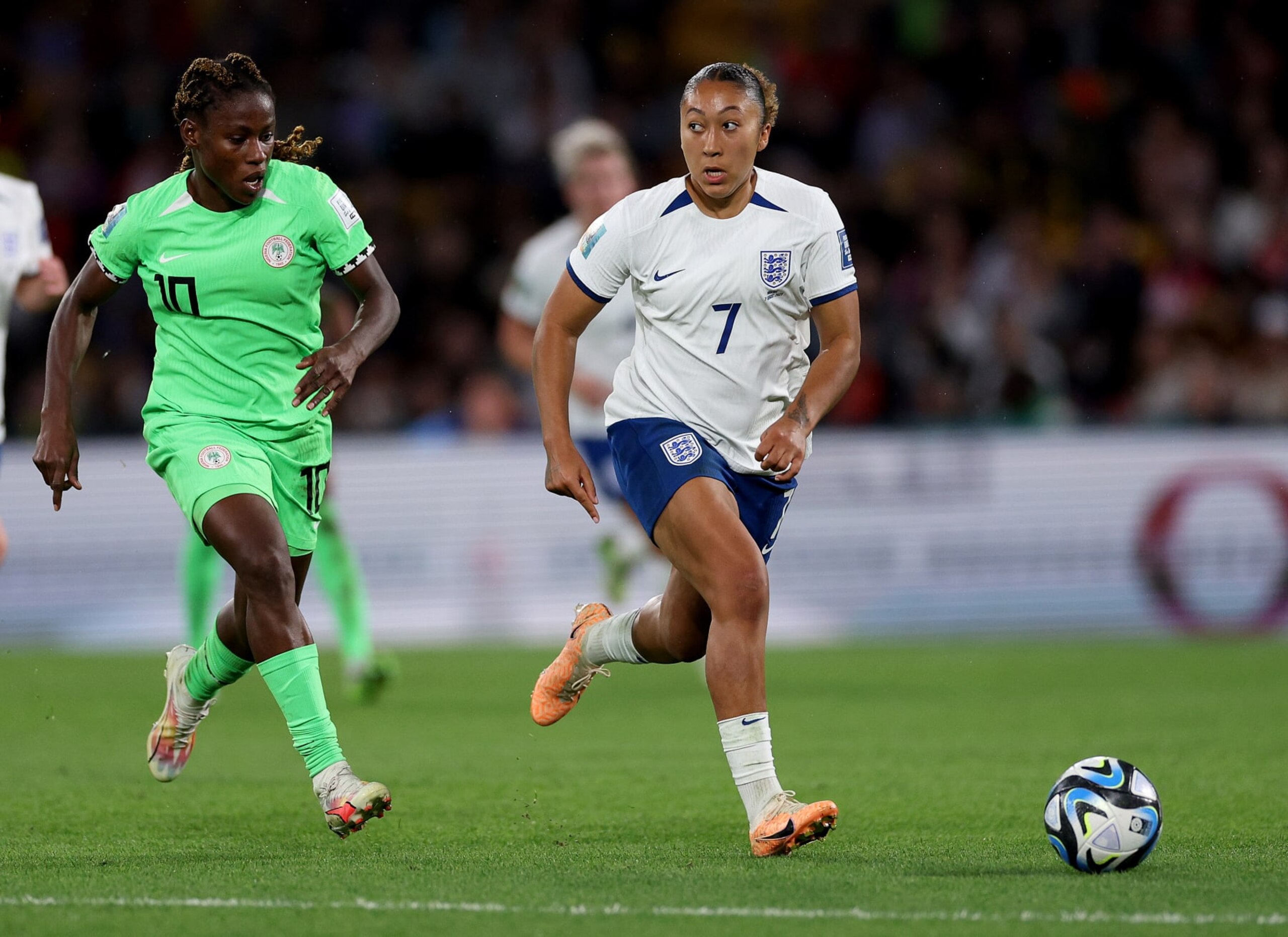 BRISBANE, AUSTRALIA - AUGUST 07:  Lauren James of England controls the ball as Christy Ucheibe of Nigeria defends during the FIFA Women's World Cup Australia & New Zealand 2023 Round of 16 match between England and Nigeria at Brisbane Stadium on August 07, 2023 in Brisbane, Australia. (Photo by Elsa - FIFA/FIFA via Getty Images)