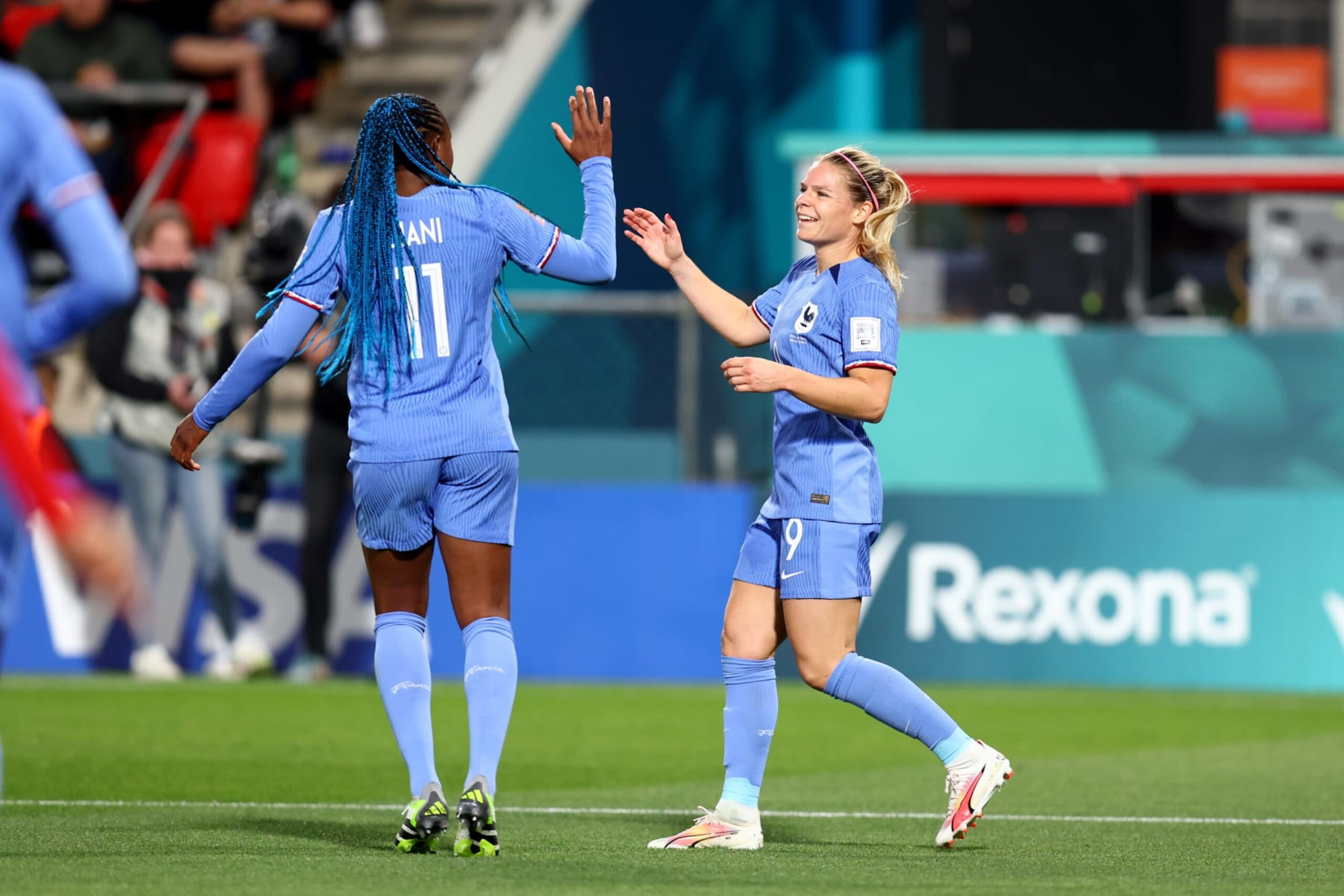 ADELAIDE, AUSTRALIA - AUGUST 8: Kadidiatou Diani and Eugenie le Sommer of France celebrate the fourth goal during the FIFA Women's World Cup Australia & New Zealand 2023 Round of 16 match between France and Morocco at Hindmarsh Stadium on August 8, 2023 in Adelaide, Australia. (Photo by Charlotte Wilson/Offside/Offside via Getty Images)