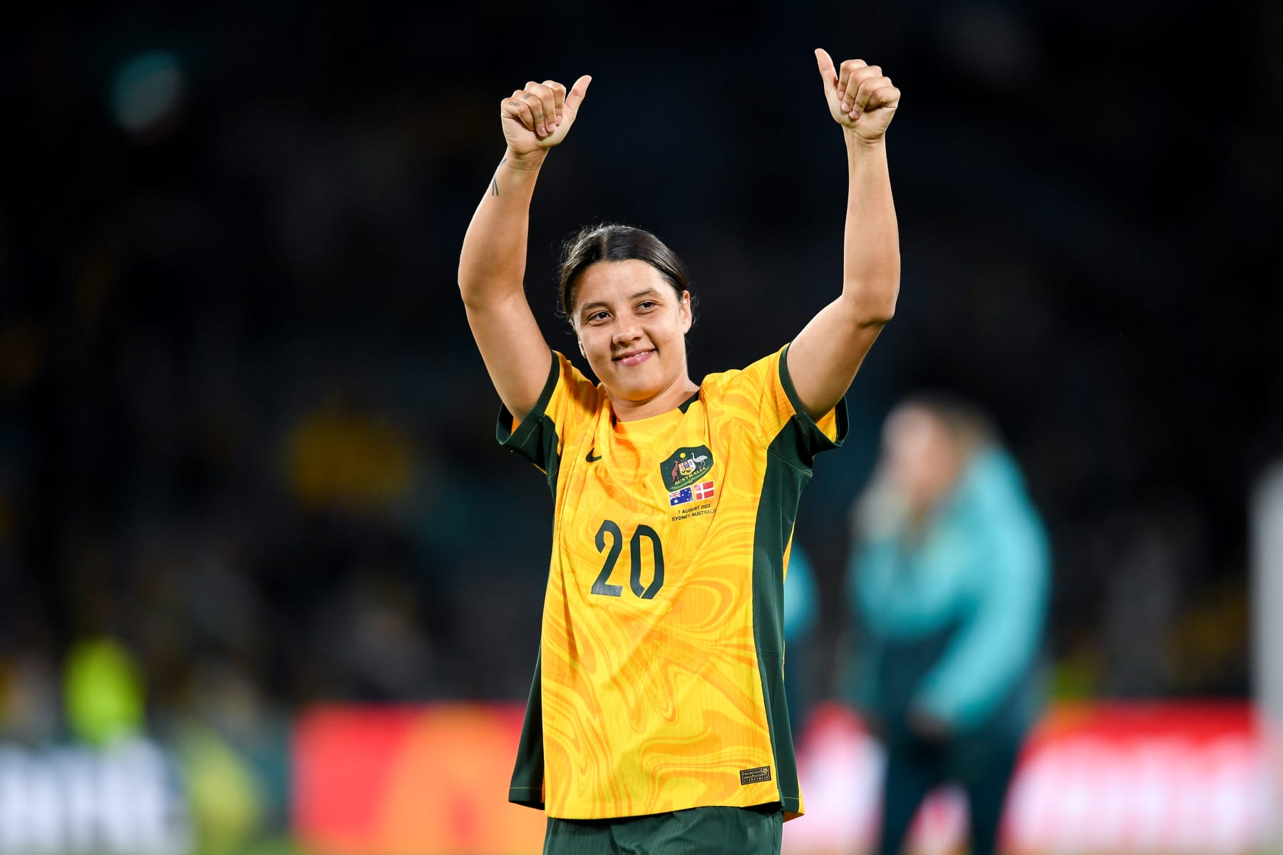 SYDNEY, AUSTRALIA - AUGUST 07: Sam Kerr of Australia celebrates winning the Women's World Cup round of 16 football match between the Australia Matildas and Denmark at Stadium Australia on August 07, 2023 in Sydney, Australia. (Photo by Steven Markham/Icon Sportswire via Getty Images)