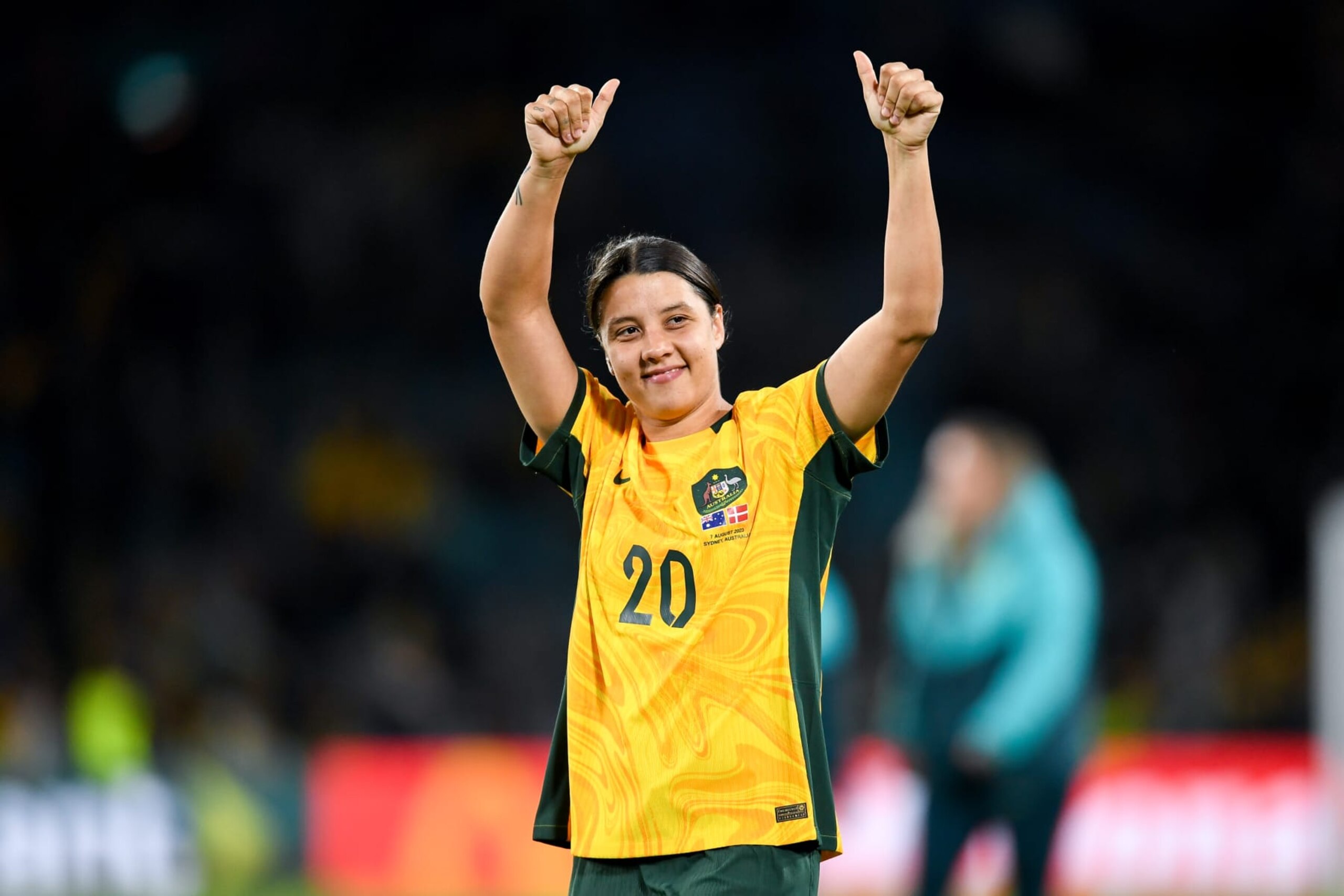 SYDNEY, AUSTRALIA - AUGUST 07: Sam Kerr of Australia celebrates winning the Women's World Cup round of 16 football match between the Australia Matildas and Denmark at Stadium Australia on August 07, 2023 in Sydney, Australia. (Photo by Steven Markham/Icon Sportswire via Getty Images)