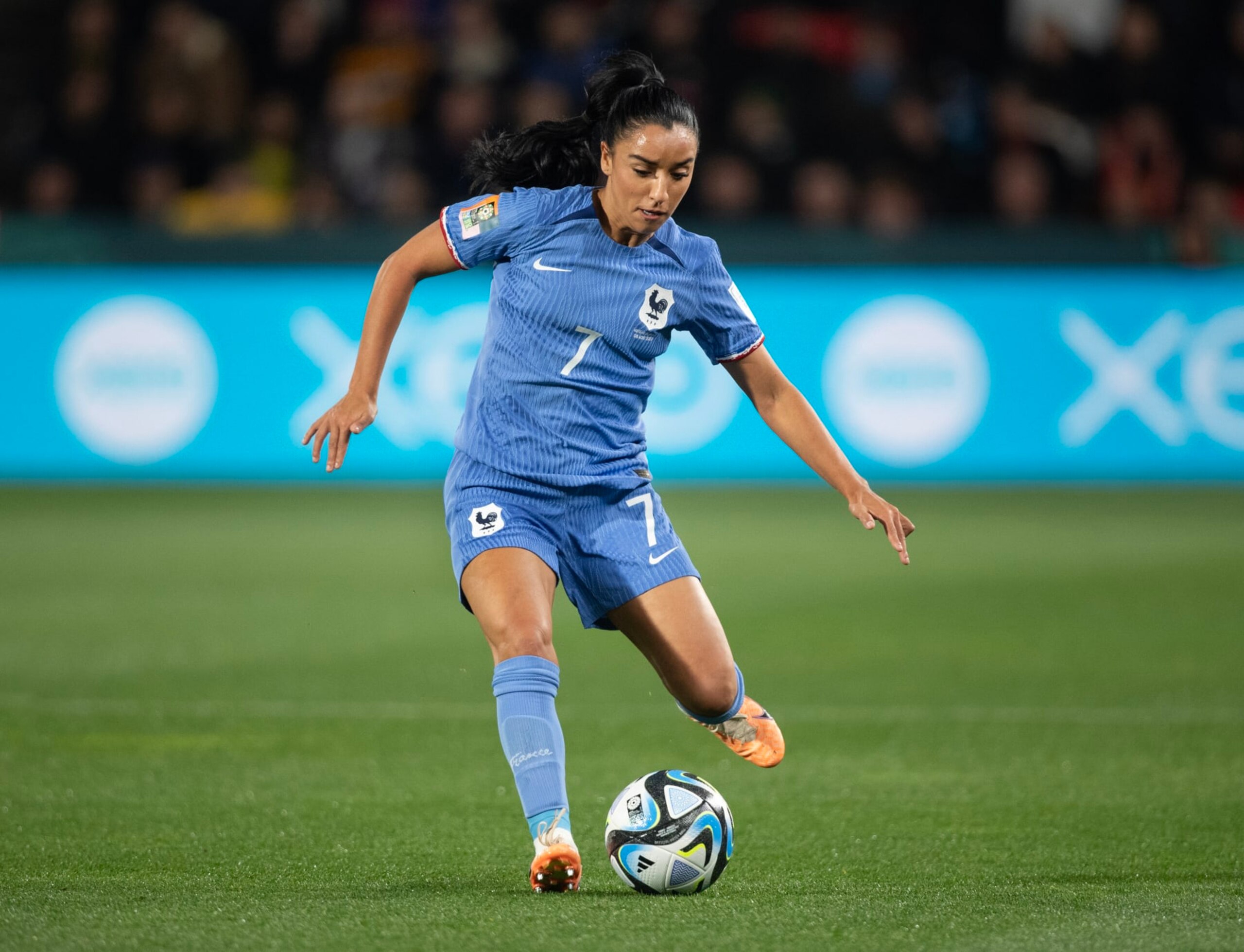 ADELAIDE, AUSTRALIA - AUGUST 8: Sakina Karchaoui of France in action during the FIFA Women's World Cup Australia & New Zealand 2023 Round of 16 match between France and Morocco at Hindmarsh Stadium on August 8, 2023 in Adelaide, Australia. (Photo by Joe Prior/Visionhaus via Getty Images)