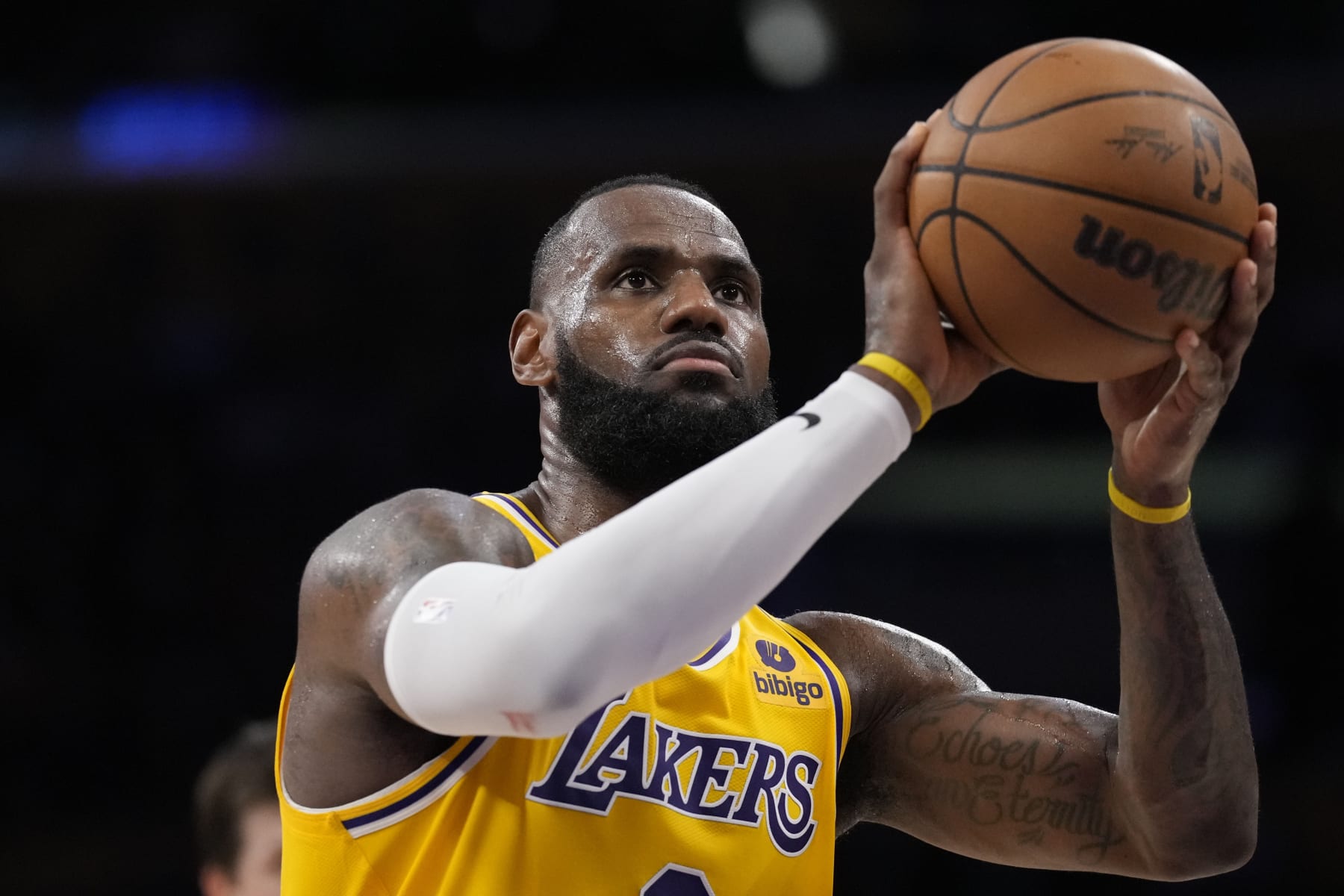 Los Angeles Lakers forward LeBron James shoots a free throw in the first half of Game 4 of the NBA basketball Western Conference Final series against the Denver Nuggets Monday, May 22, 2023, in Los Angeles. (AP Photo/Ashley Landis)