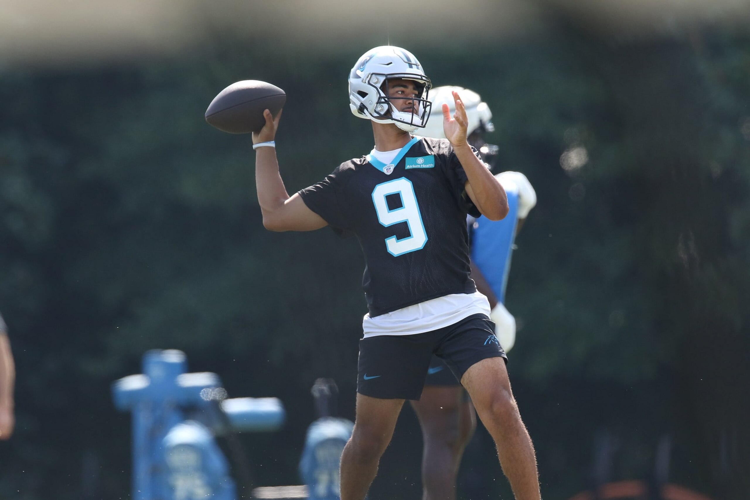 SPARTANBURG, SC - AUGUST 08: Carolina Panthers quarterback Bryce Young (9) during the NFL Carolina Panthers training camp on August 8, 2023, at Wofford College campus in Spartanburg, S.C. (Photo by John Byrum/Icon Sportswire via Getty Images)