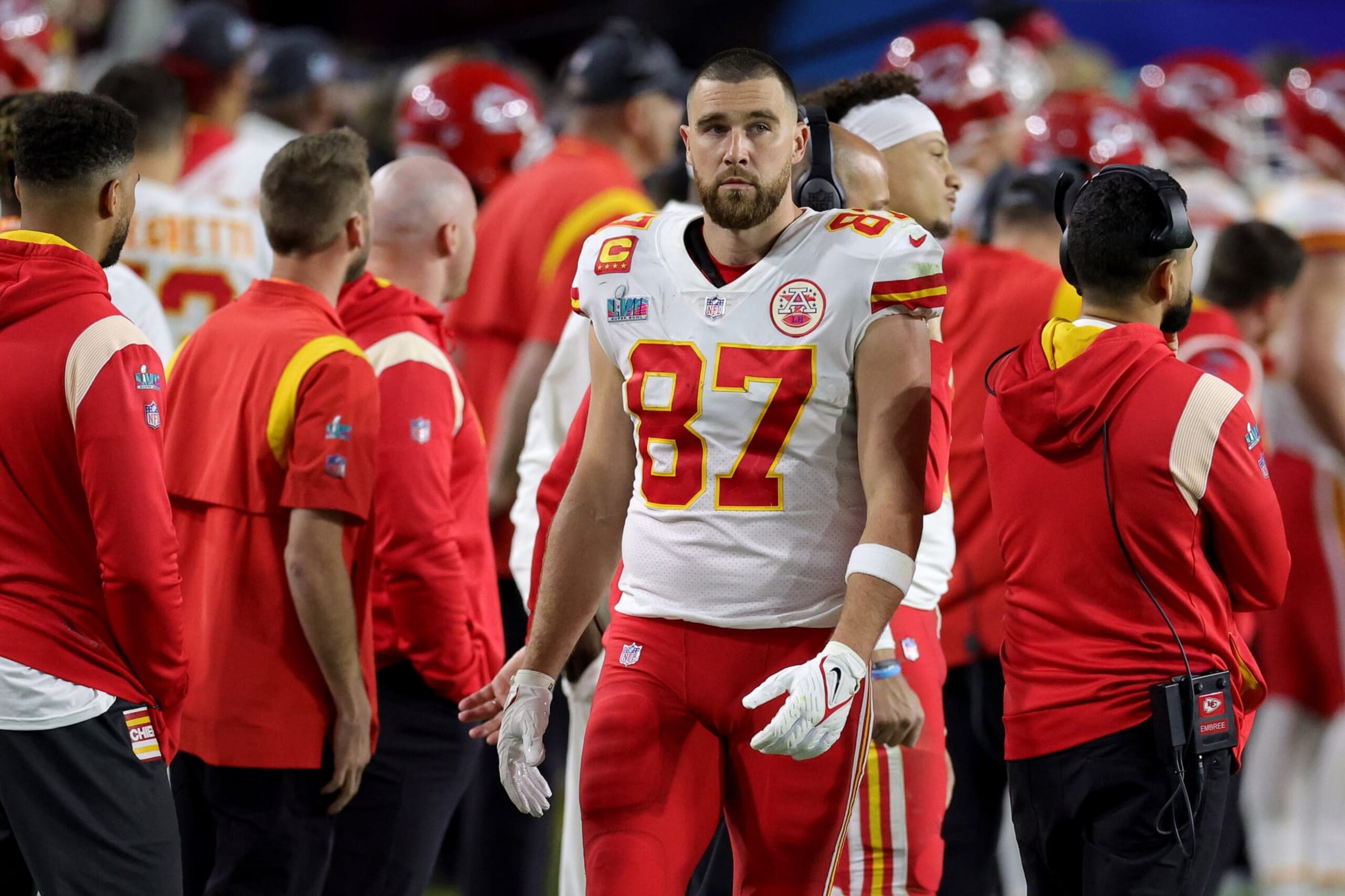 GLENDALE, ARIZONA - FEBRUARY 12: Travis Kelce #87 of the Kansas City Chiefs looks on from the sidelines against the Philadelphia Eagles in Super Bowl LVII at State Farm Stadium on February 12, 2023 in Glendale, Arizona. (Photo by Carmen Mandato/Getty Images)