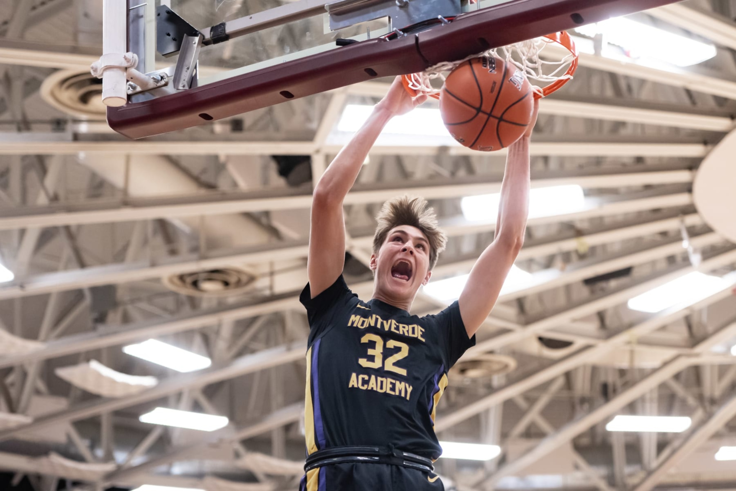 SPRINGFIELD, MA - JANUARY 16: Cooper Flagg of Montverde (32) dunks the ball during the Hoophall Classic high school basketball game between Montverde Academy and Sunrise Christian on January 16, 2023 at Blake Arena in Springfield, MA (Photo by John Jones/Icon Sportswire via Getty Images)