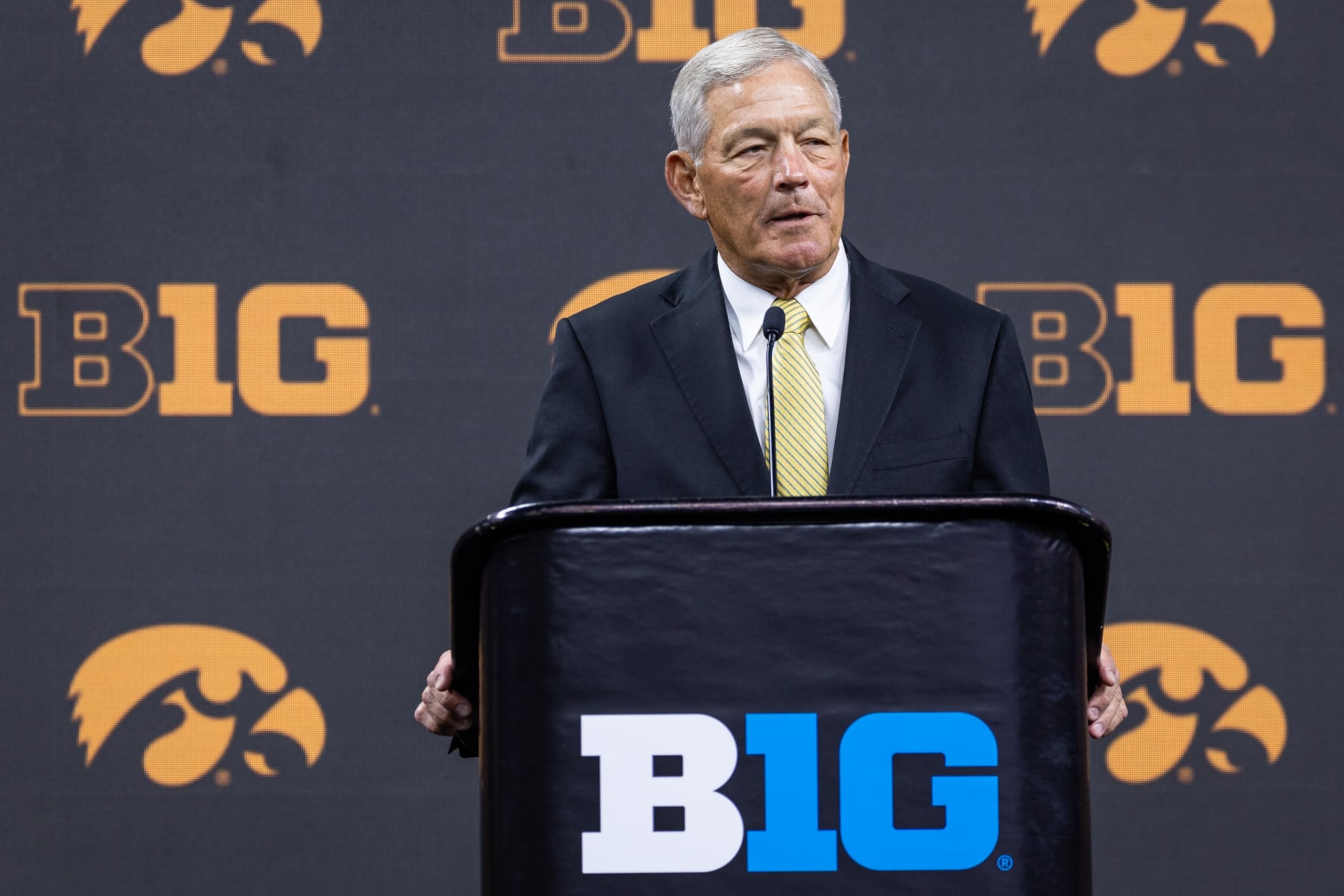 INDIANAPOLIS, INDIANA - JULY 26: Head  coach Kirk Ferentz of the Iowa Hawkeyes speaks at Big Ten football media days at Lucas Oil Stadium on July 26, 2023 in Indianapolis, Indiana. (Photo by Michael Hickey/Getty Images)
