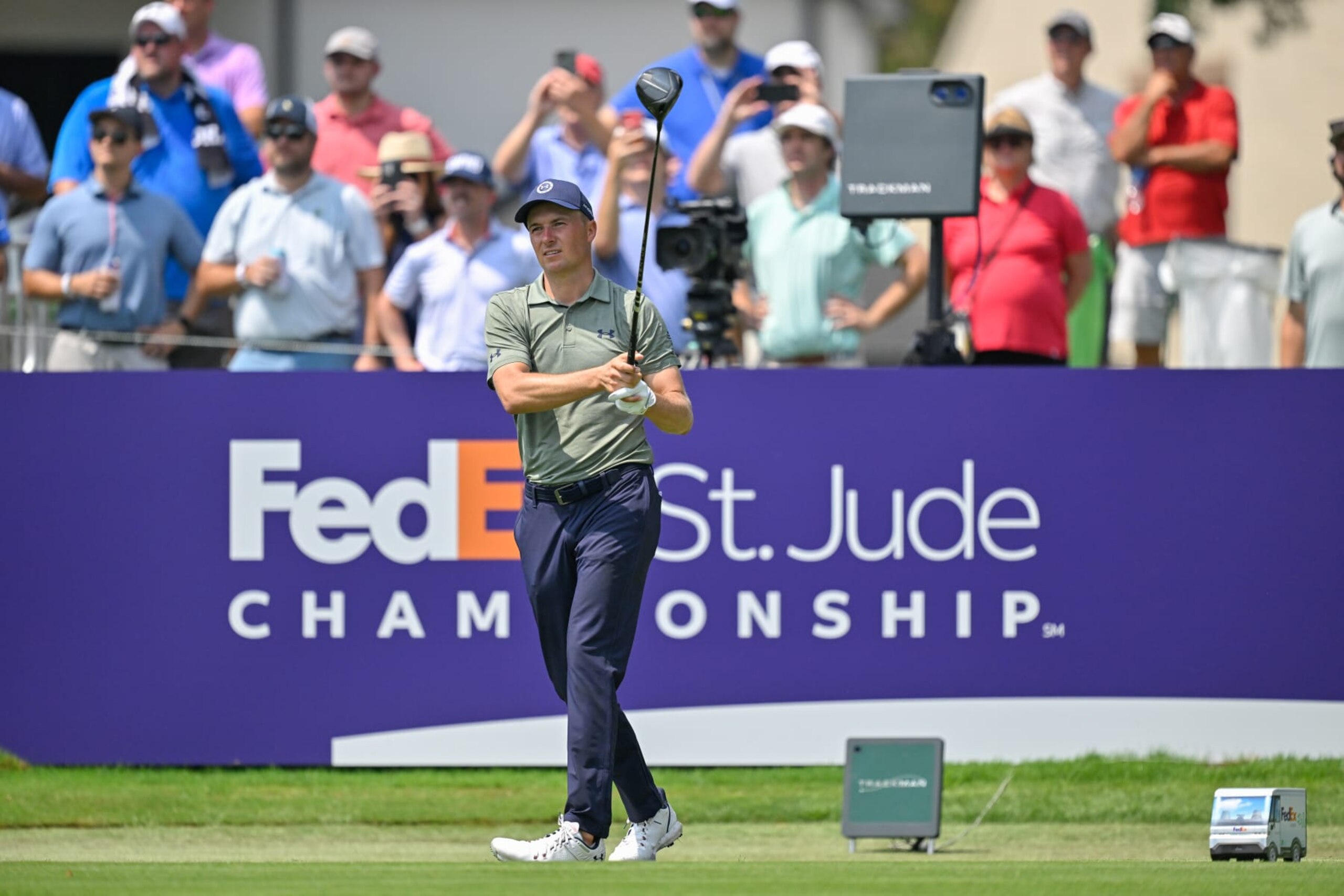 MEMPHIS, TENNESSEE - AUGUST 11: Jordan Spieth watches his shot on the 13th tee box during the second round of the FedEx St. Jude Championship at TPC Southwind on August 11, 2023 in Memphis, Tennessee. (Photo by Ben Jared/PGA TOUR via Getty Images)