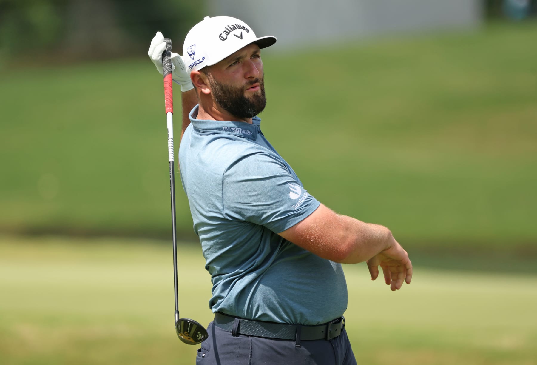 MEMPHIS, TENNESSEE - AUGUST 11: Jon Rahm of Spain plays his shot from the 12th tee during the second round of the FedEx St. Jude Championship at TPC Southwind on August 11, 2023 in Memphis, Tennessee. (Photo by Gregory Shamus/Getty Images)