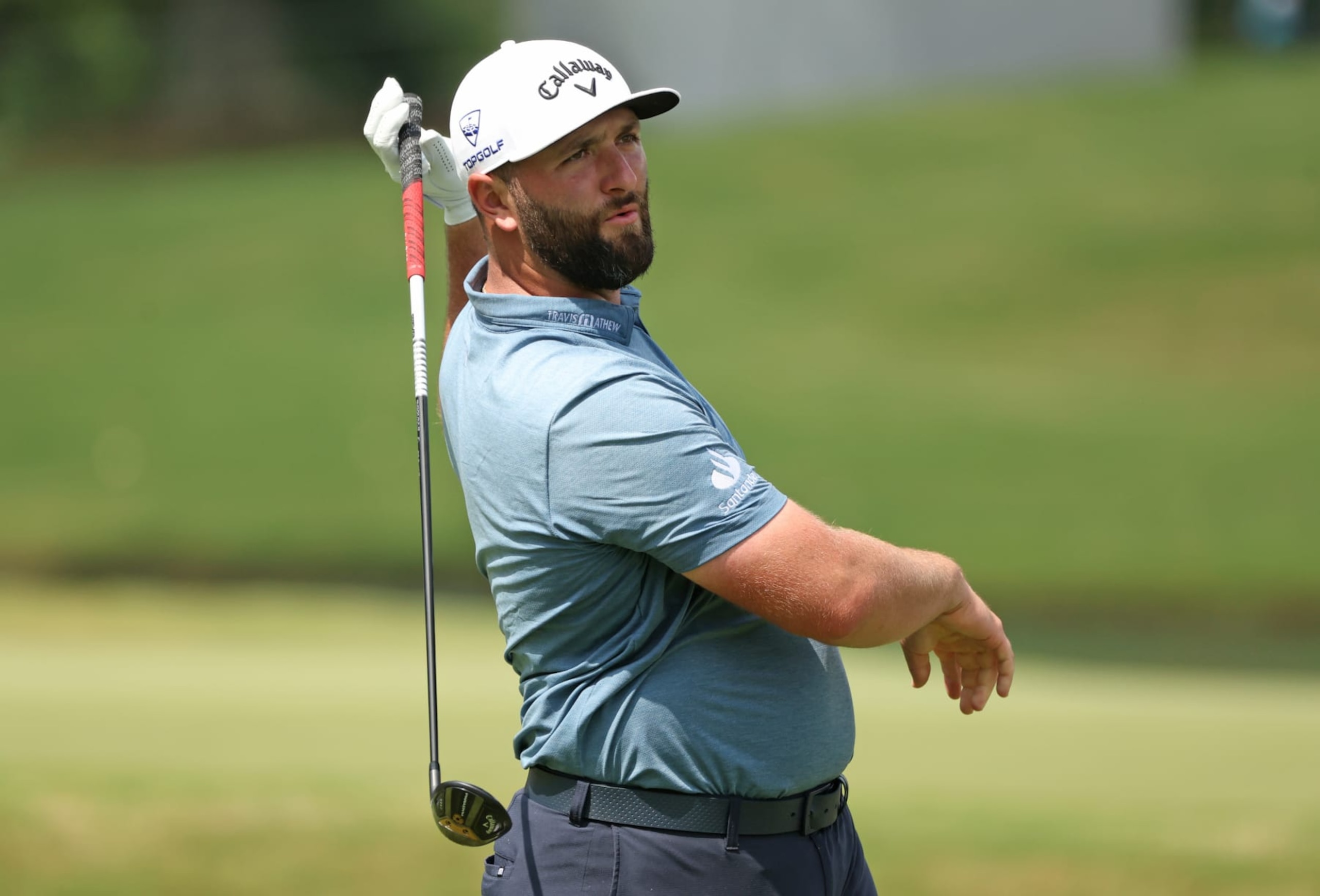 MEMPHIS, TENNESSEE - AUGUST 11: Jon Rahm of Spain plays his shot from the 12th tee during the second round of the FedEx St. Jude Championship at TPC Southwind on August 11, 2023 in Memphis, Tennessee. (Photo by Gregory Shamus/Getty Images)